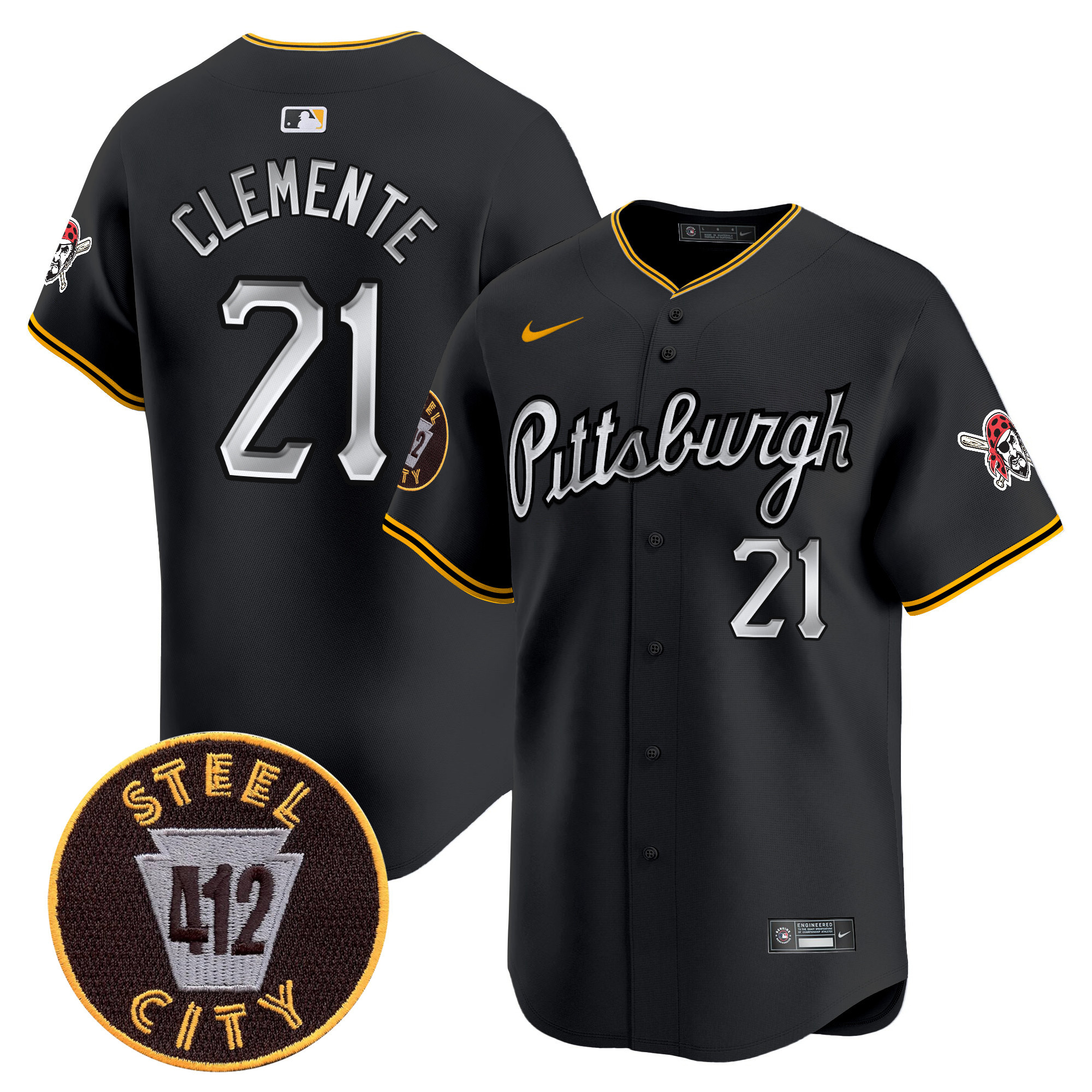 Men's Roberto Clemente Pittsburgh Pirates 412 Patch Vapor Premier Limited Black Jersey V7 - All Stitched