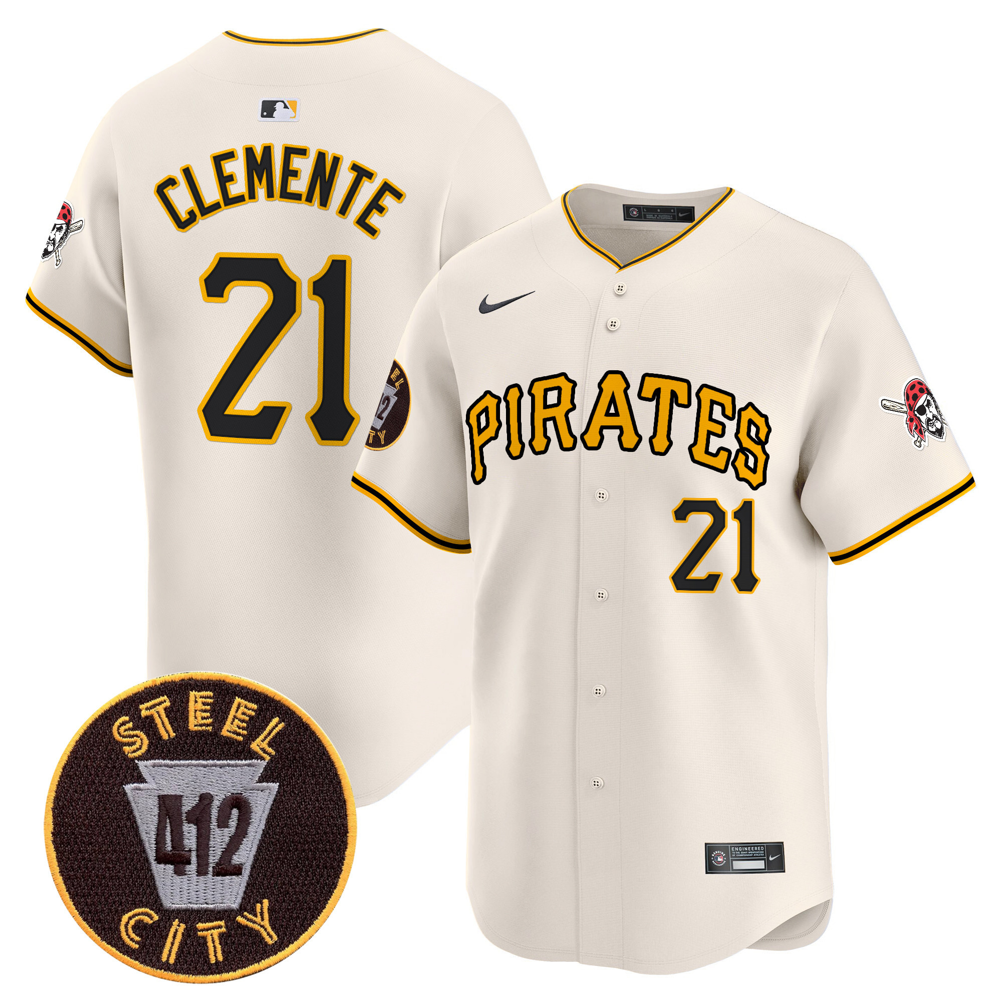 Men's Roberto Clemente Pittsburgh Pirates 412 Patch Vapor Premier Limited Cream Jersey V3 - All Stitched