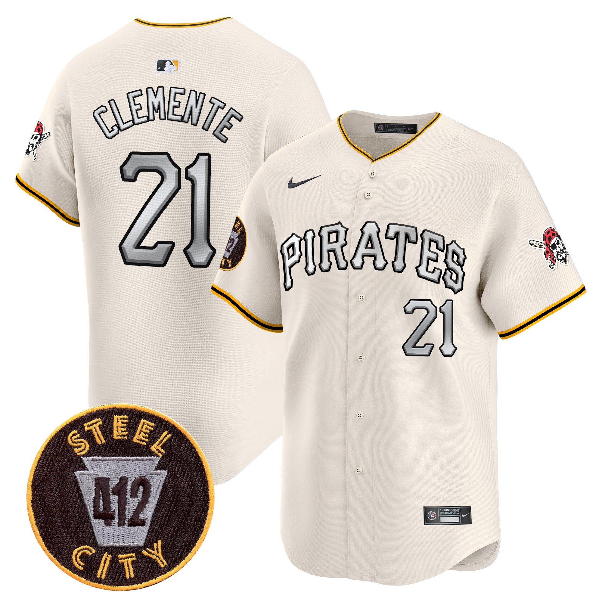 Men's Roberto Clemente Pittsburgh Pirates 412 Patch Vapor Premier Limited Cream Jersey V6 - All Stitched