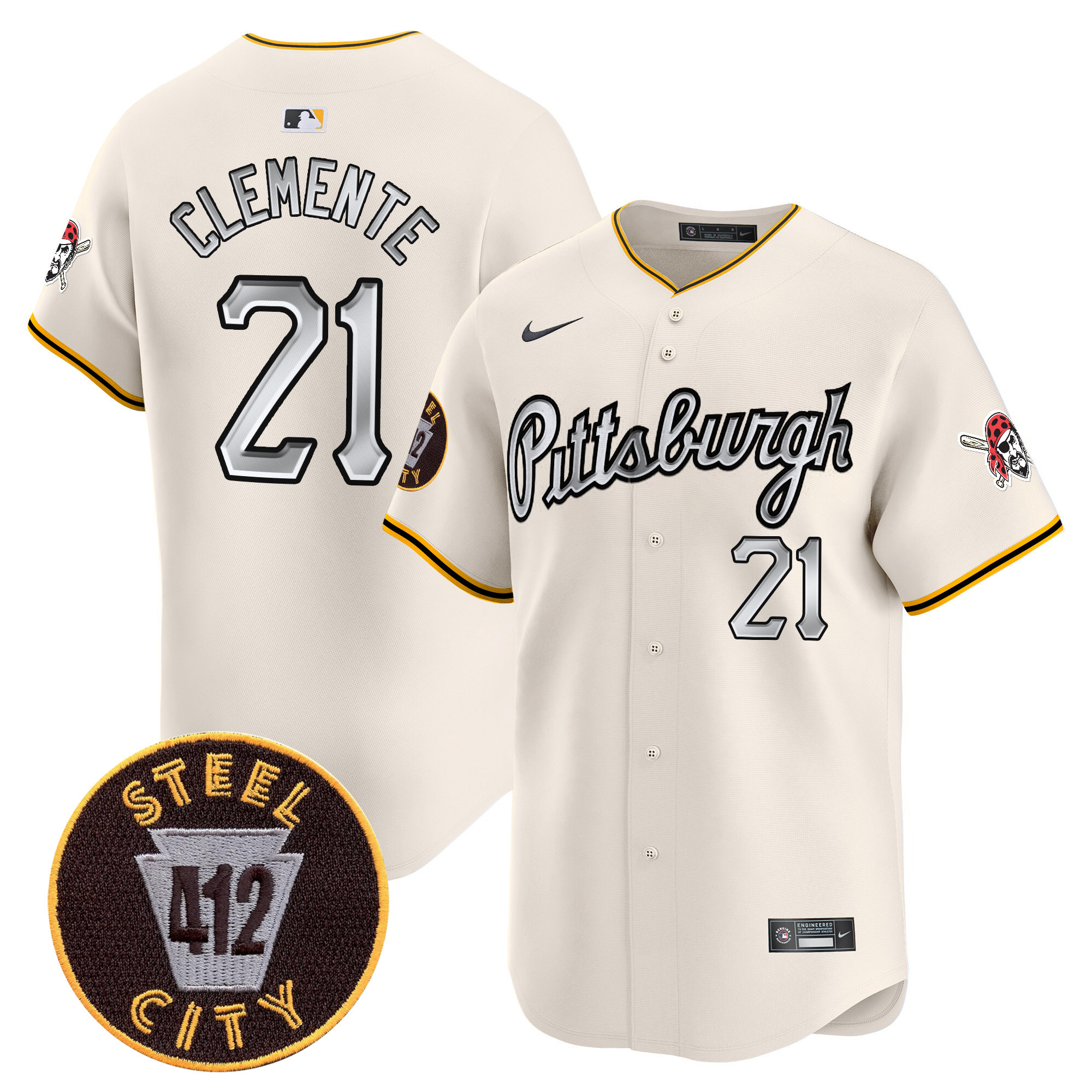 Men's Roberto Clemente Pittsburgh Pirates 412 Patch Vapor Premier Limited Cream Jersey V7 - All Stitched