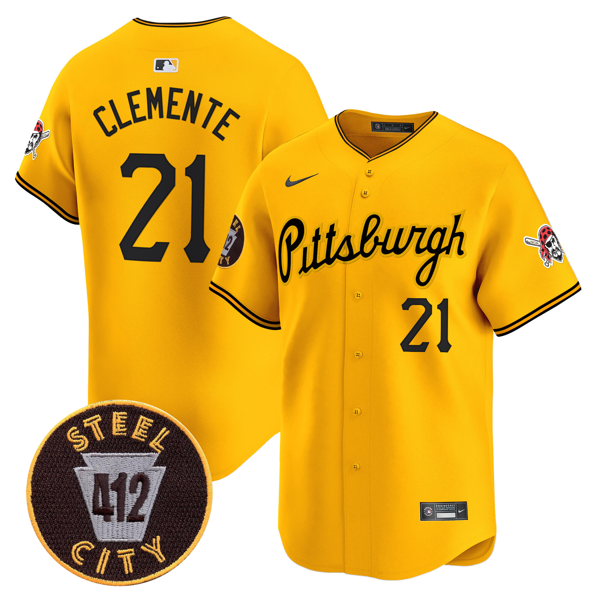 Men's Roberto Clemente Pittsburgh Pirates 412 Patch Vapor Premier Limited Gold Jersey V4 - All Stitched