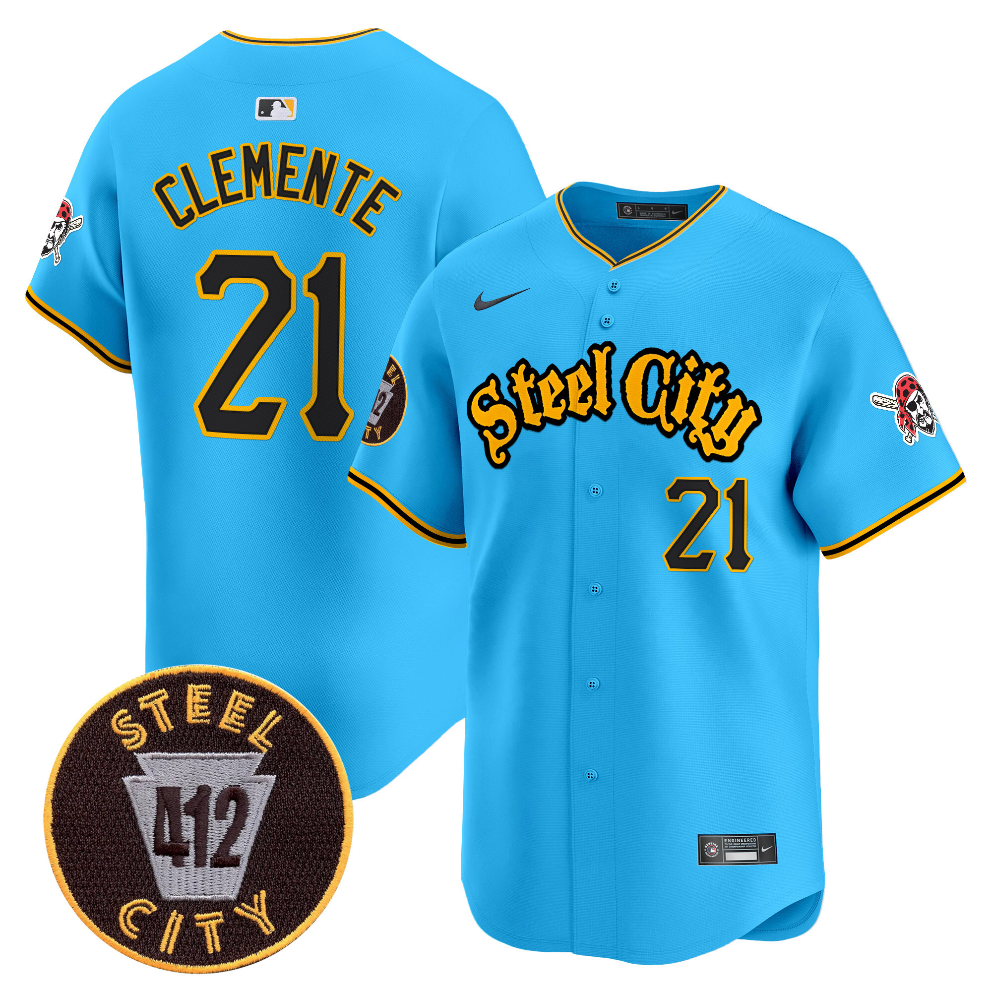 Men's Roberto Clemente Pittsburgh Pirates 412 Patch Vapor Premier Limited Light Blue Jersey - All Stitched