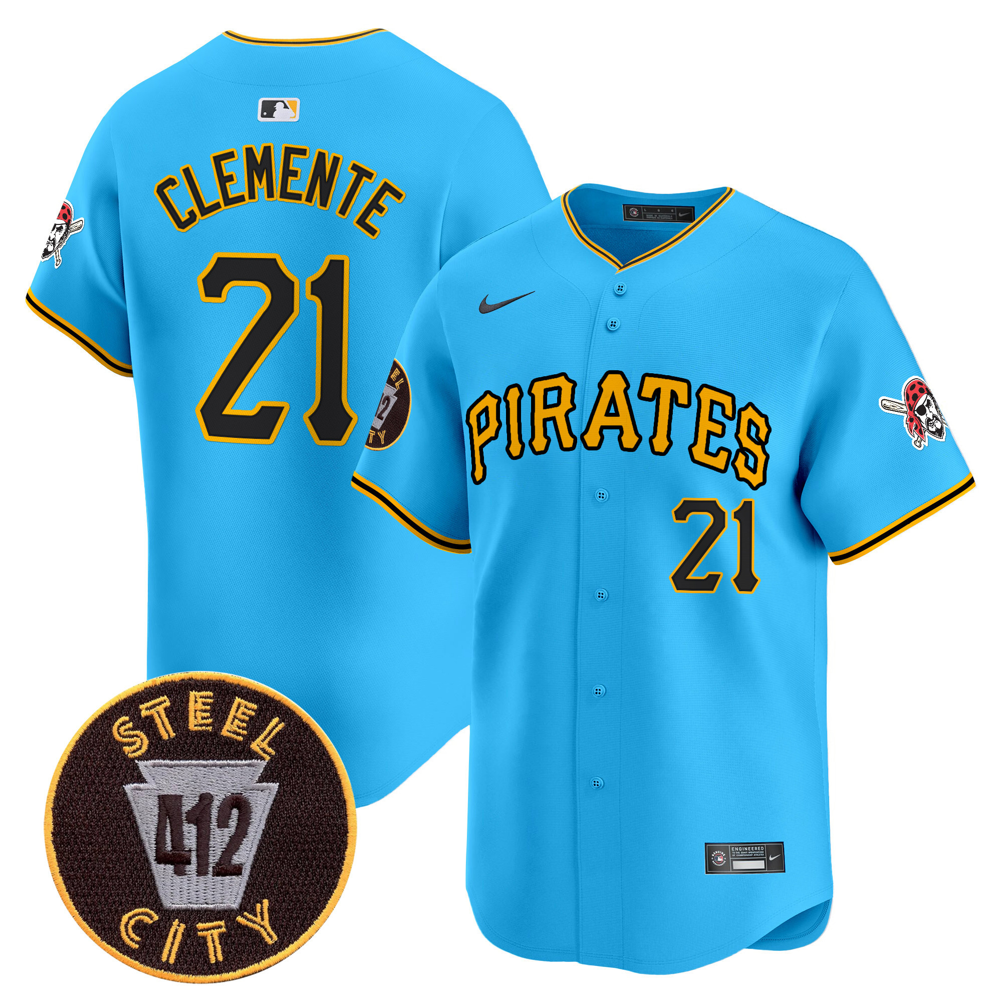 Men's Roberto Clemente Pittsburgh Pirates 412 Patch Vapor Premier Limited Light Blue Jersey V3 - All Stitched