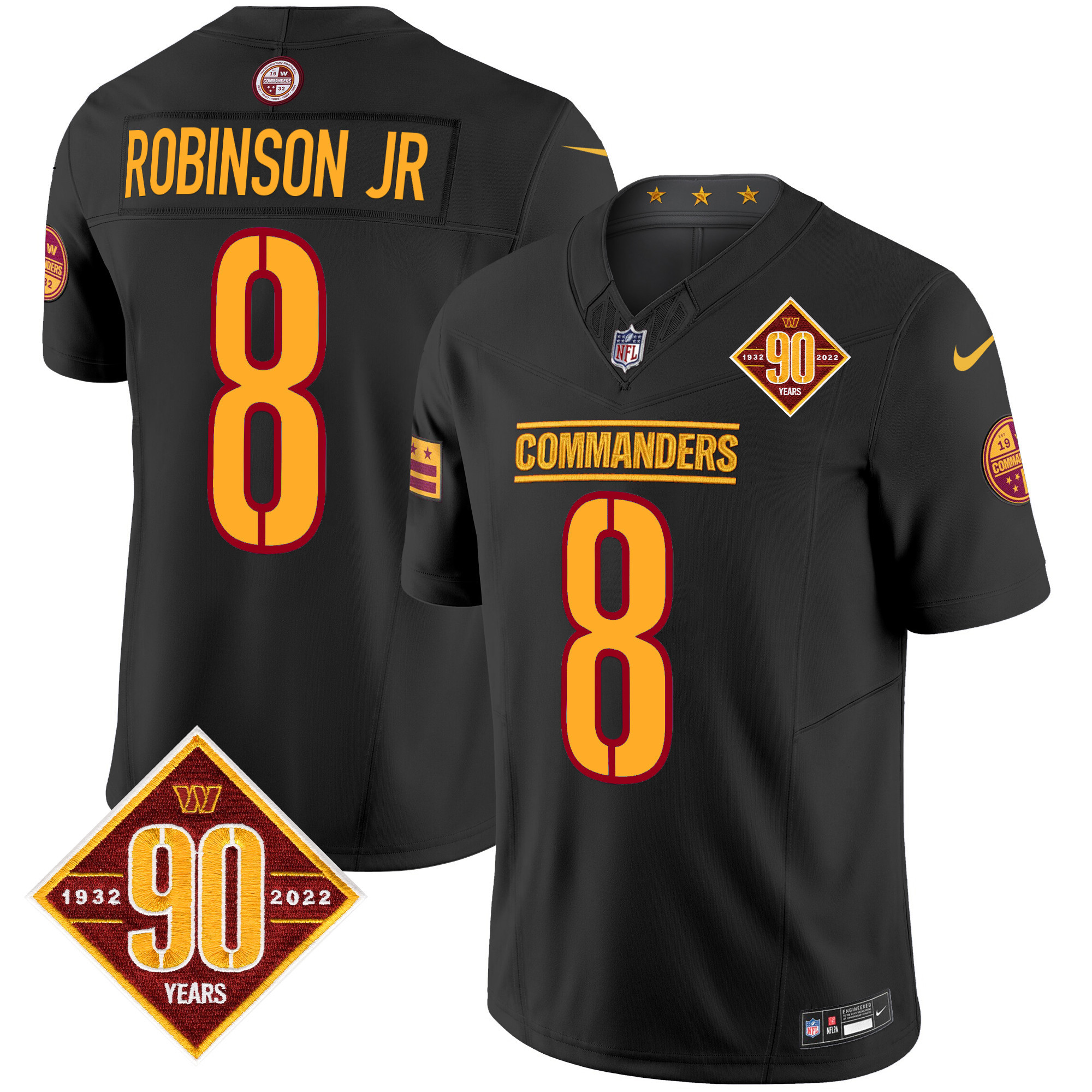 Men's Robinson Jr. Washington Commanders 90th Anniversary Patch Vapor Limited Black Jersey - All Stitched