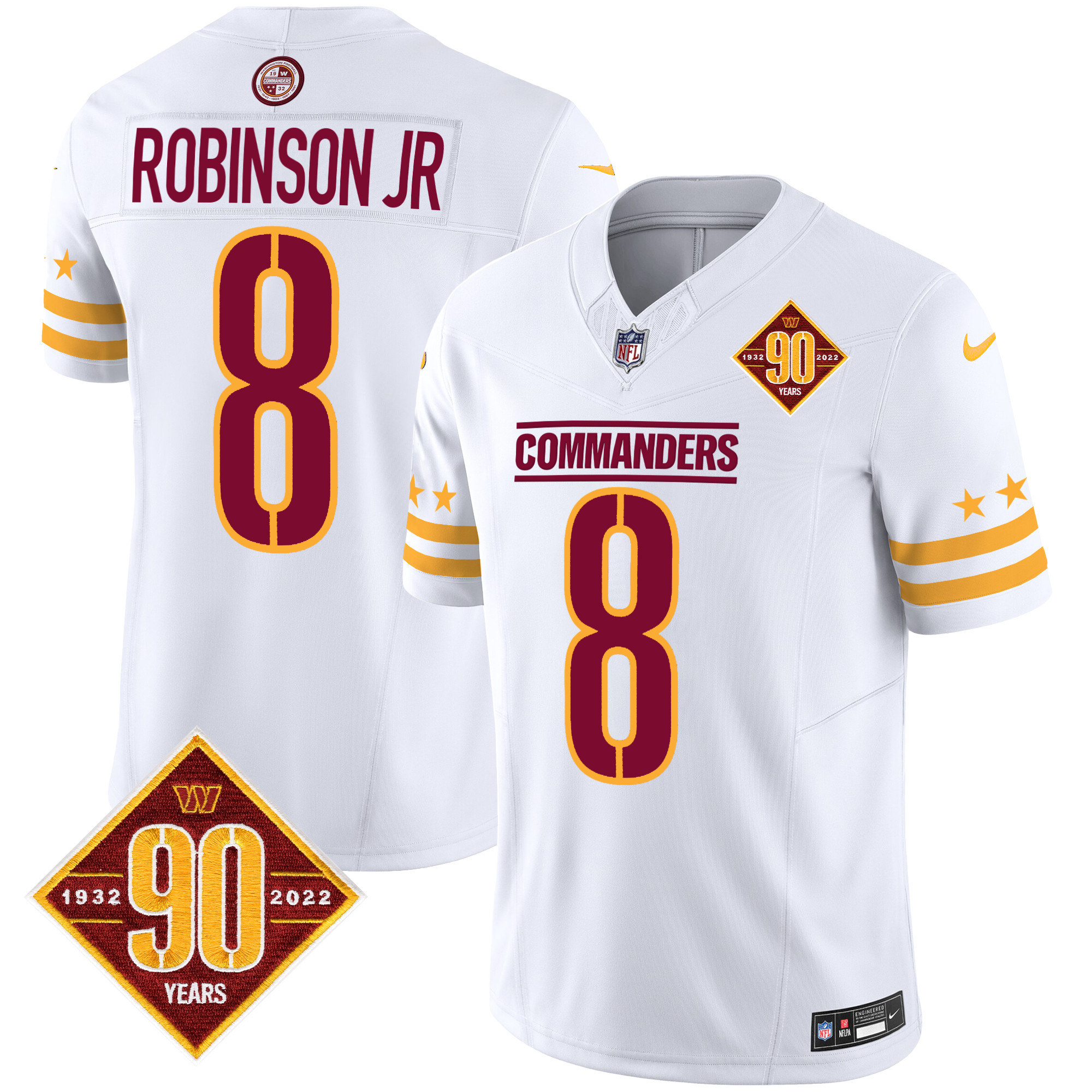 Men's Robinson Jr. Washington Commanders 90th Anniversary Patch Vapor Limited White Jersey - All Stitched