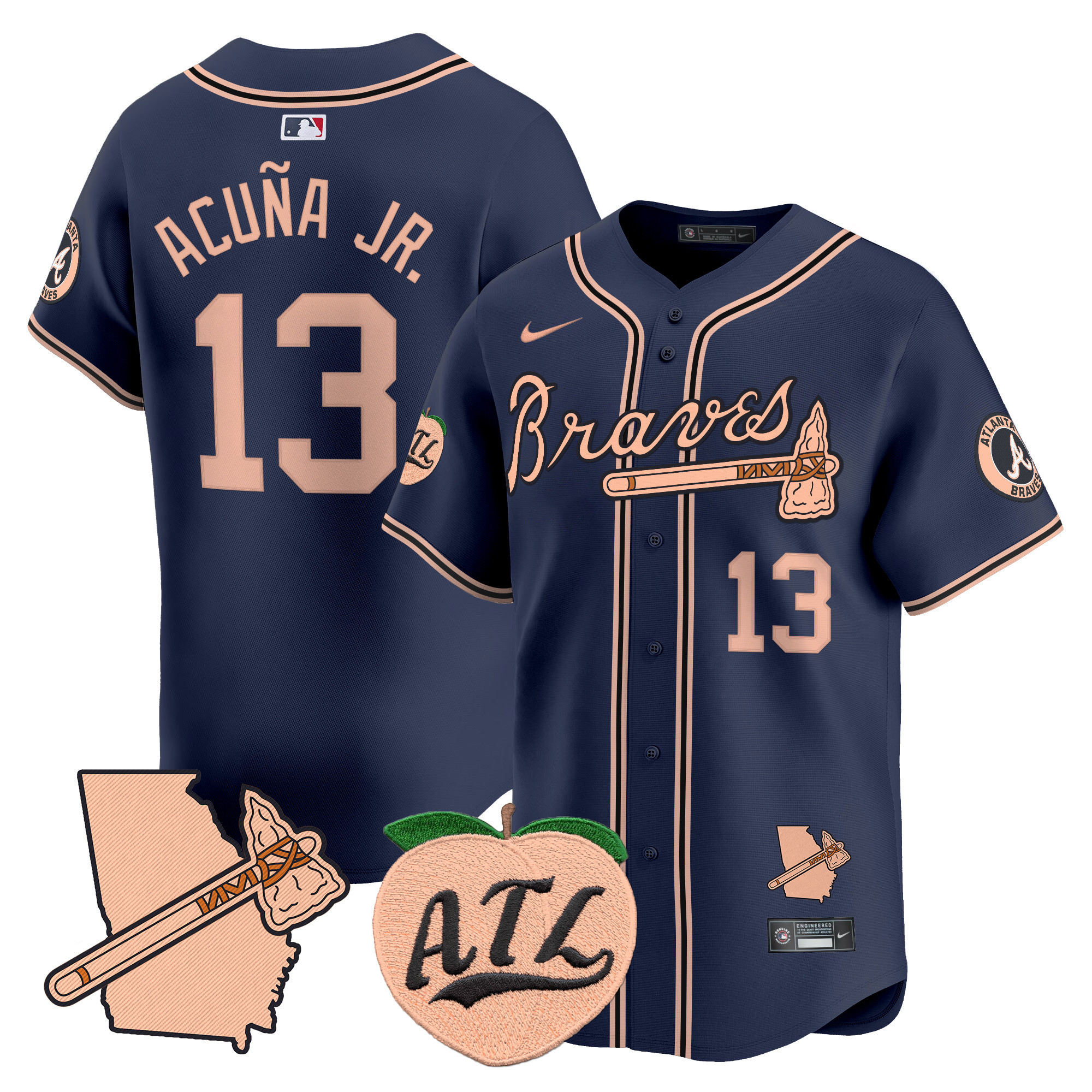 Men's Ronald Acuna Jr. Atlanta Braves Peach Vapor Premier Limited Navy Jersey - All Stitched