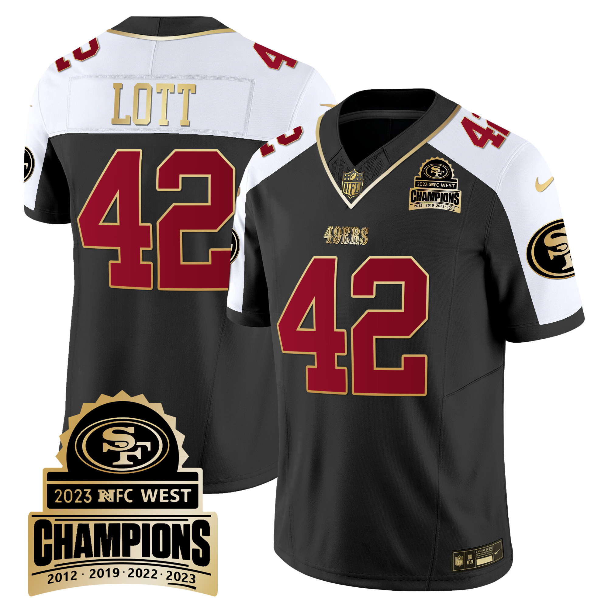 Men's Ronnie Lott San Francisco 49ers 2023 NFC West Champions Patch Vapor Black Alternate Jersey V4 - All Stitched