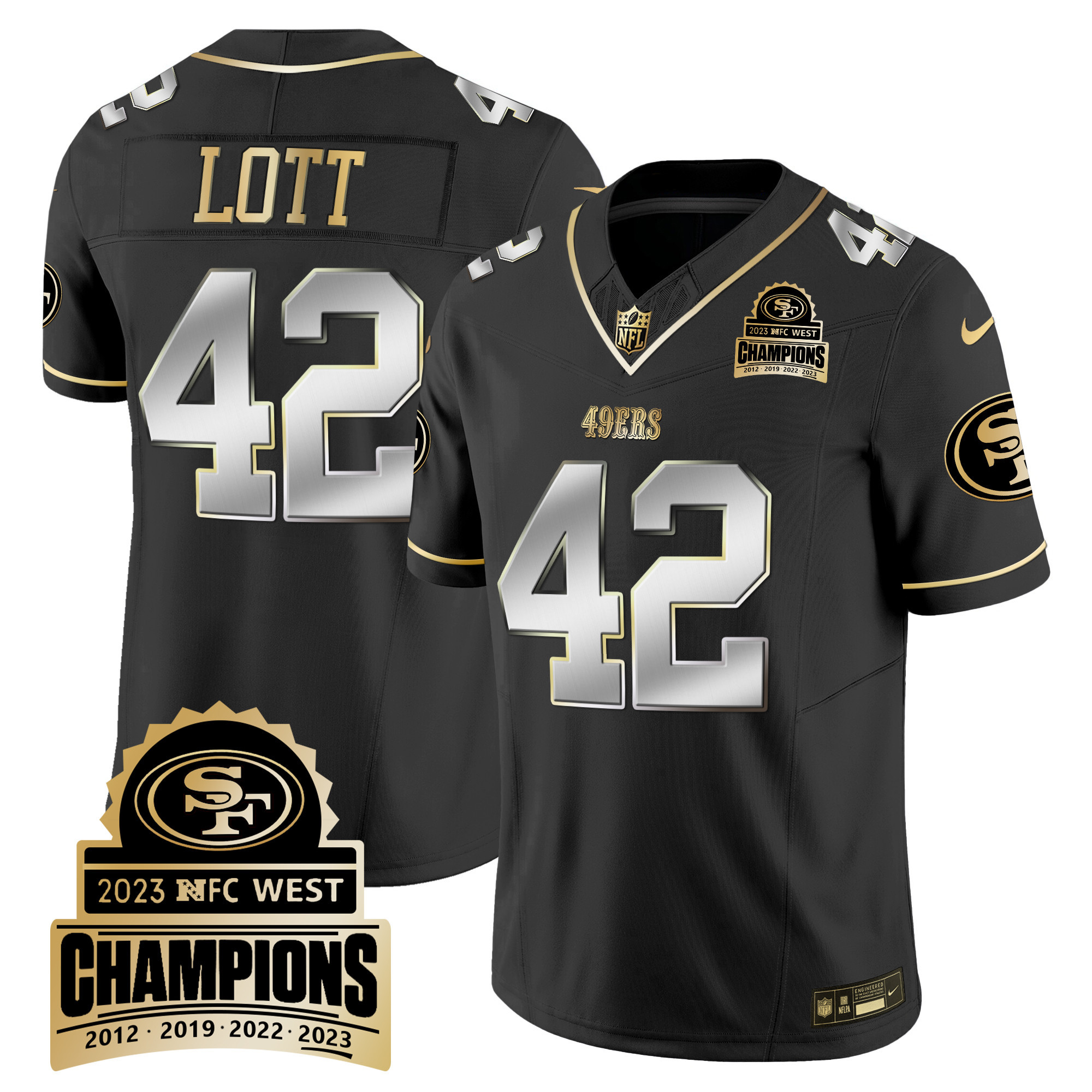 Men's Ronnie Lott San Francisco 49ers 2023 NFC West Champions Patch Vapor Black Limited Jersey V4 - All Stitched