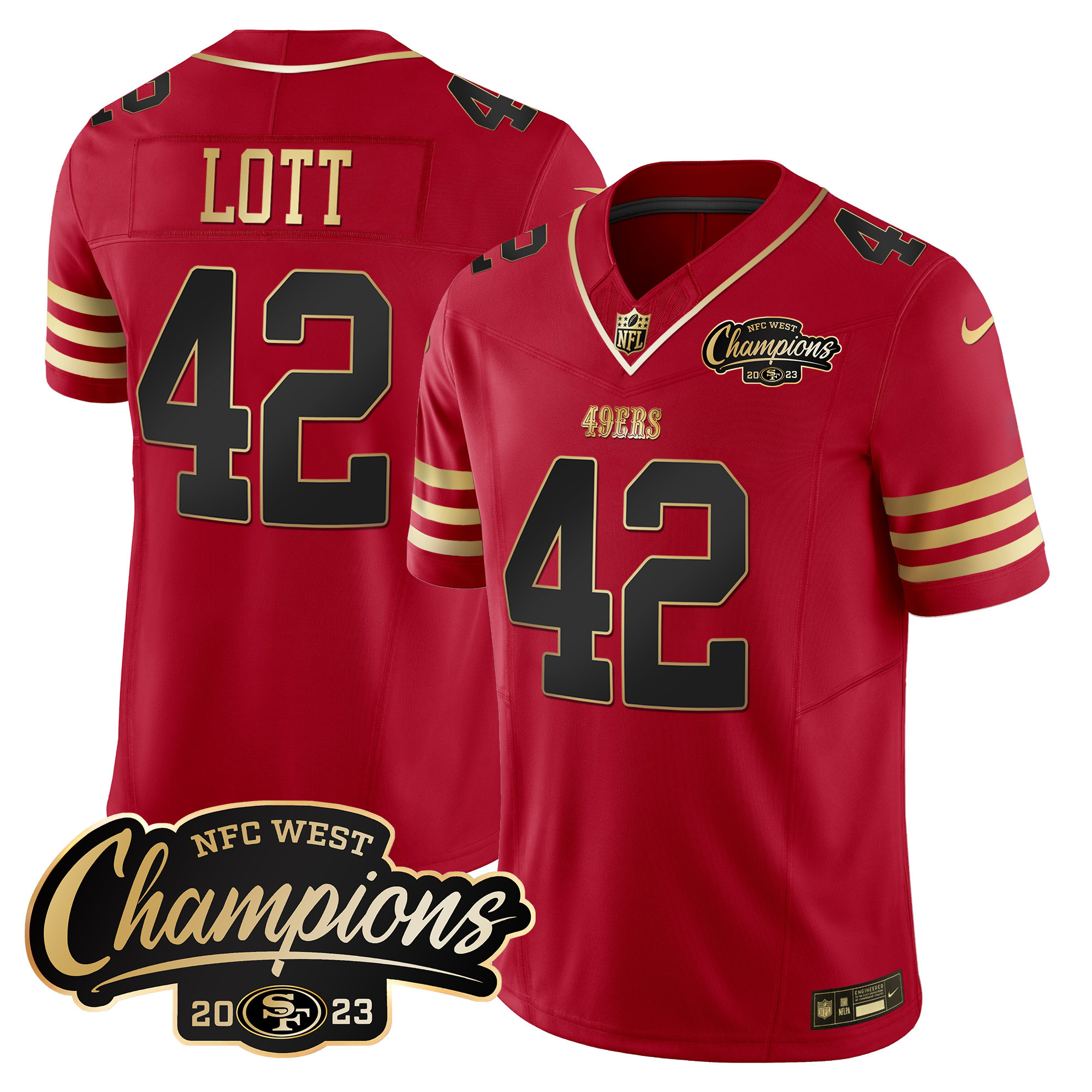 Men's Ronnie Lott San Francisco 49ers 2023 NFC West Champions Patch Vapor Black Scarlet Jersey - All Stitched