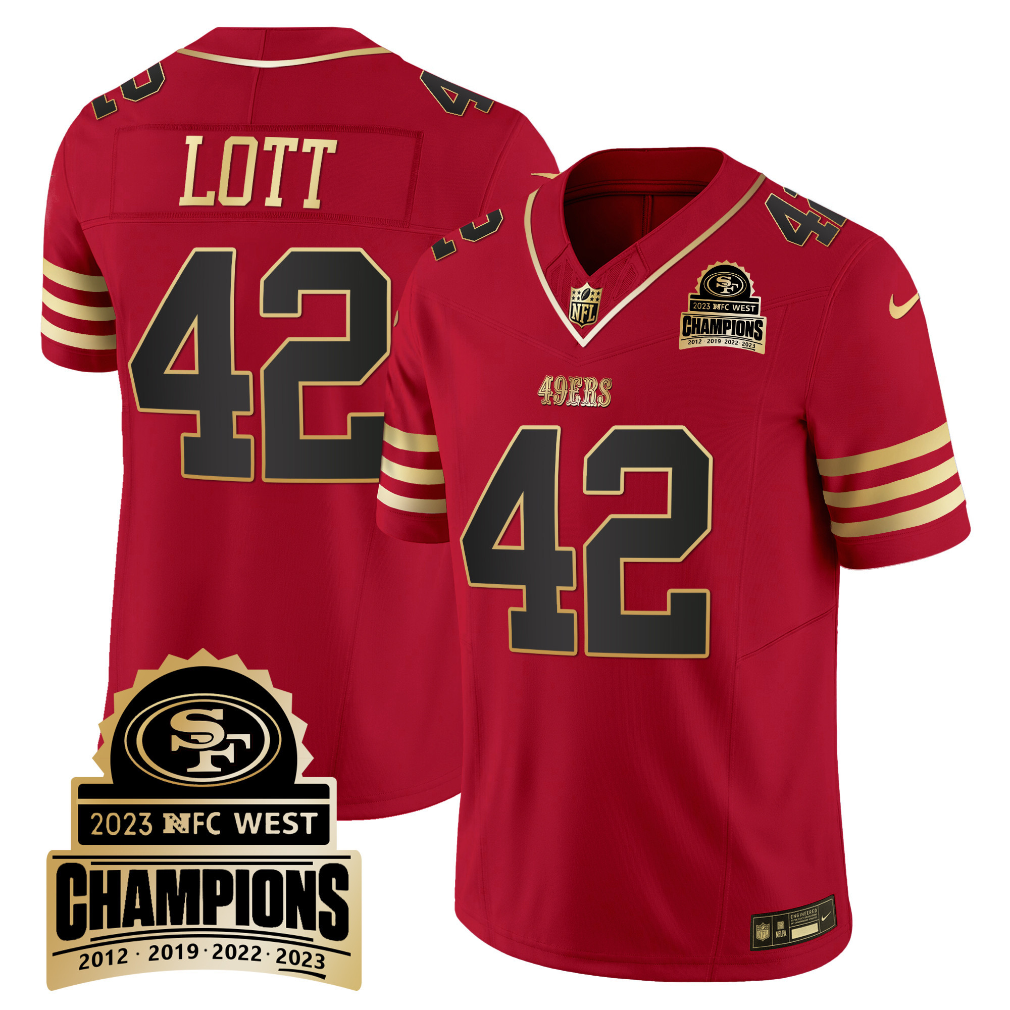 Men's Ronnie Lott San Francisco 49ers 2023 NFC West Champions Patch Vapor Black Scarlet Jersey V4 - All Stitched