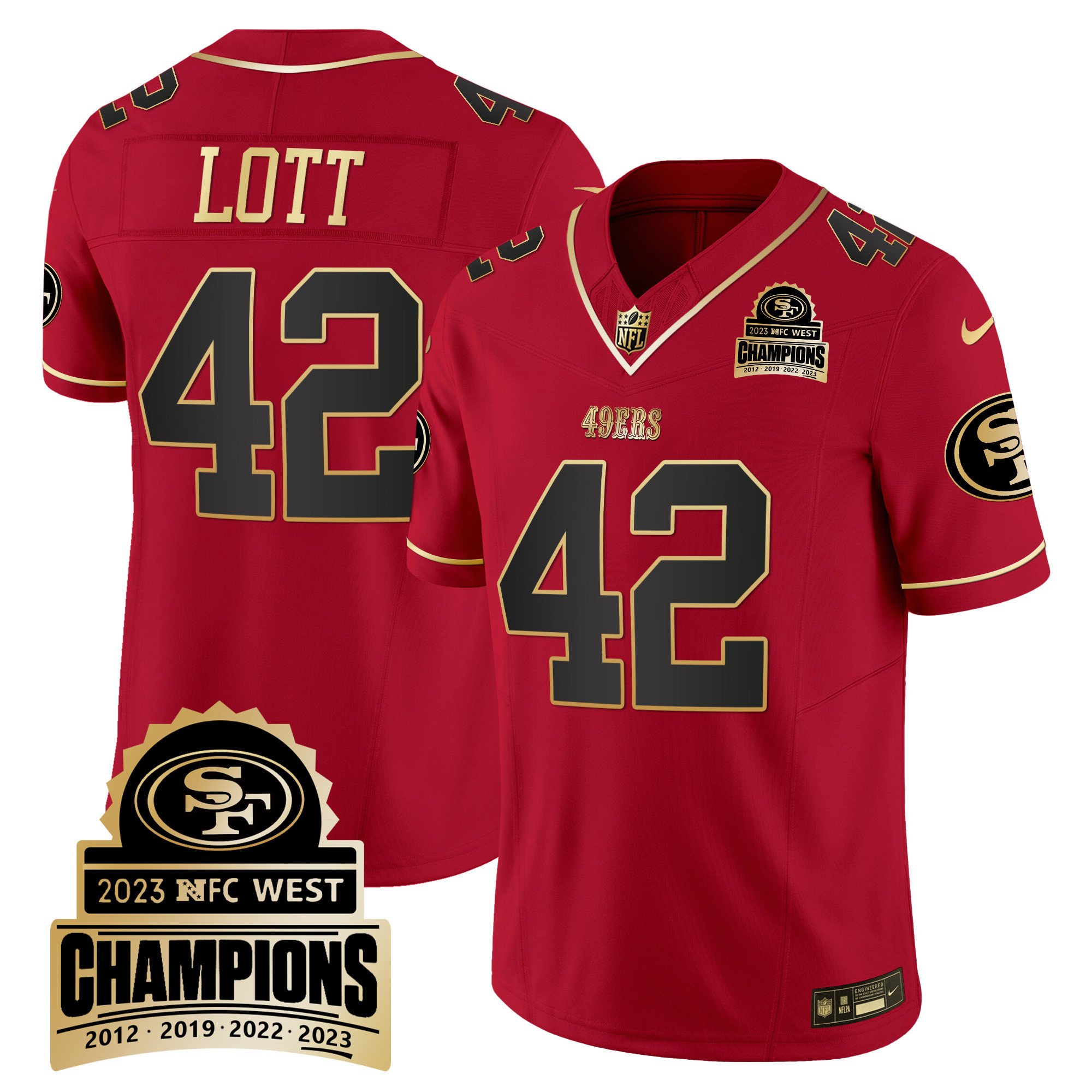 Men's Ronnie Lott San Francisco 49ers 2023 NFC West Champions Patch Vapor Scarlet Limited Jersey V4 - All Stitched