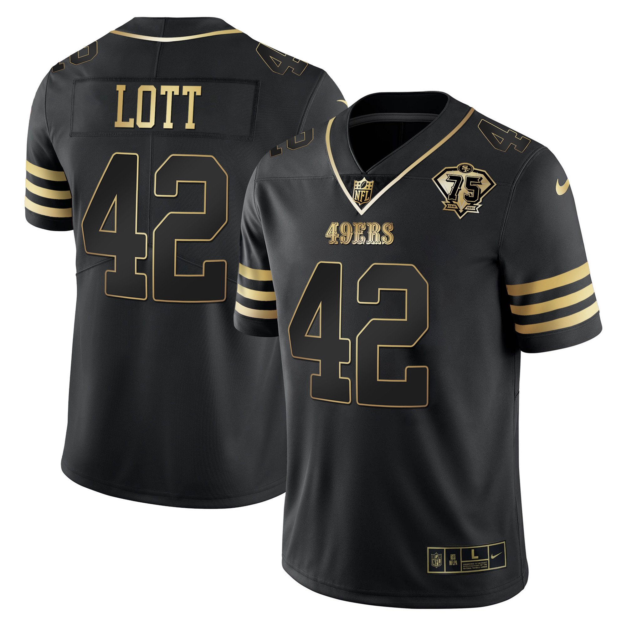 Men's Ronnie Lott San Francisco 49ers 75th Anniversary Patch Vapor Gold Black Gold Jersey - All Stitched