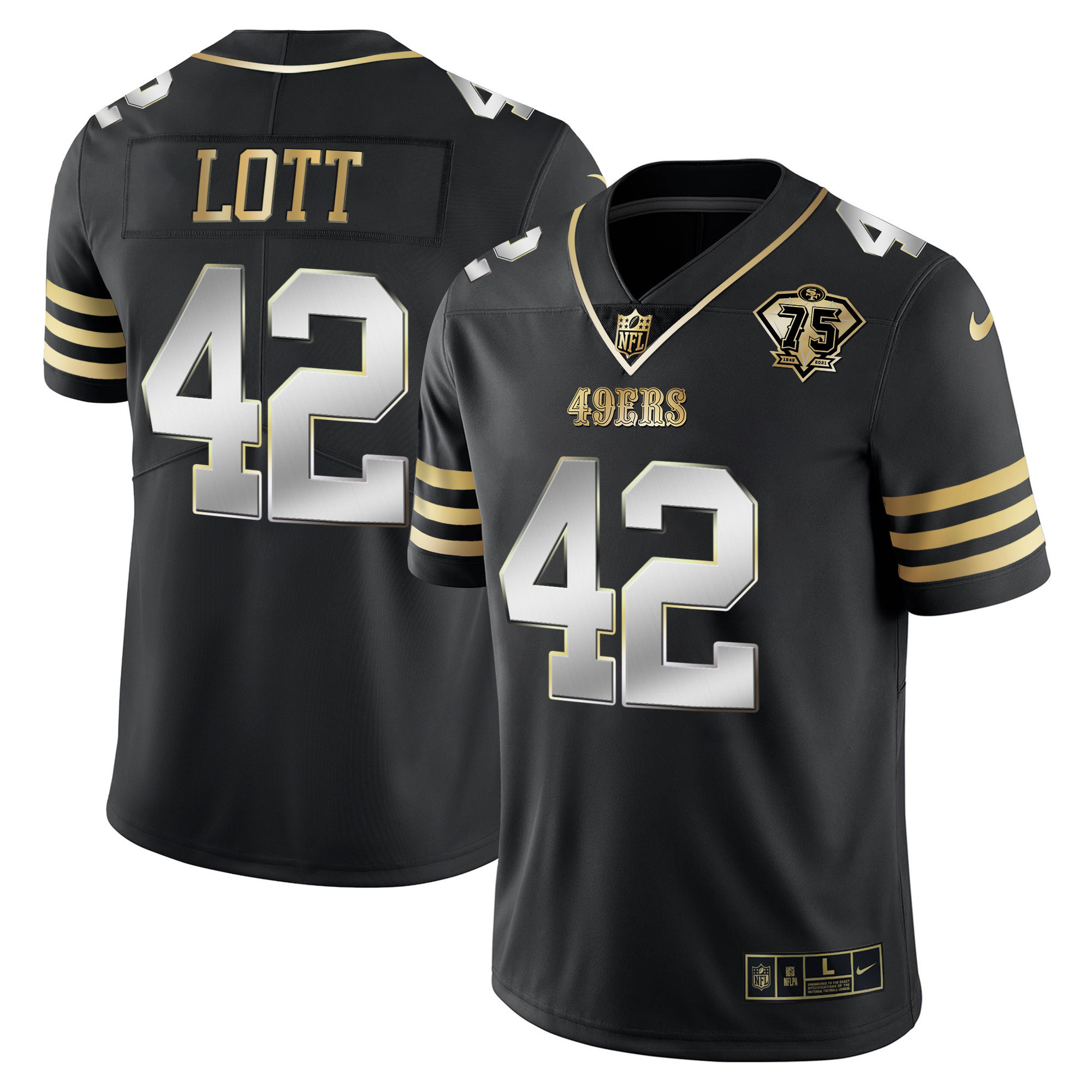Men's Ronnie Lott San Francisco 49ers 75th Anniversary Patch Vapor Gold Black Limited Jersey - All Stitched