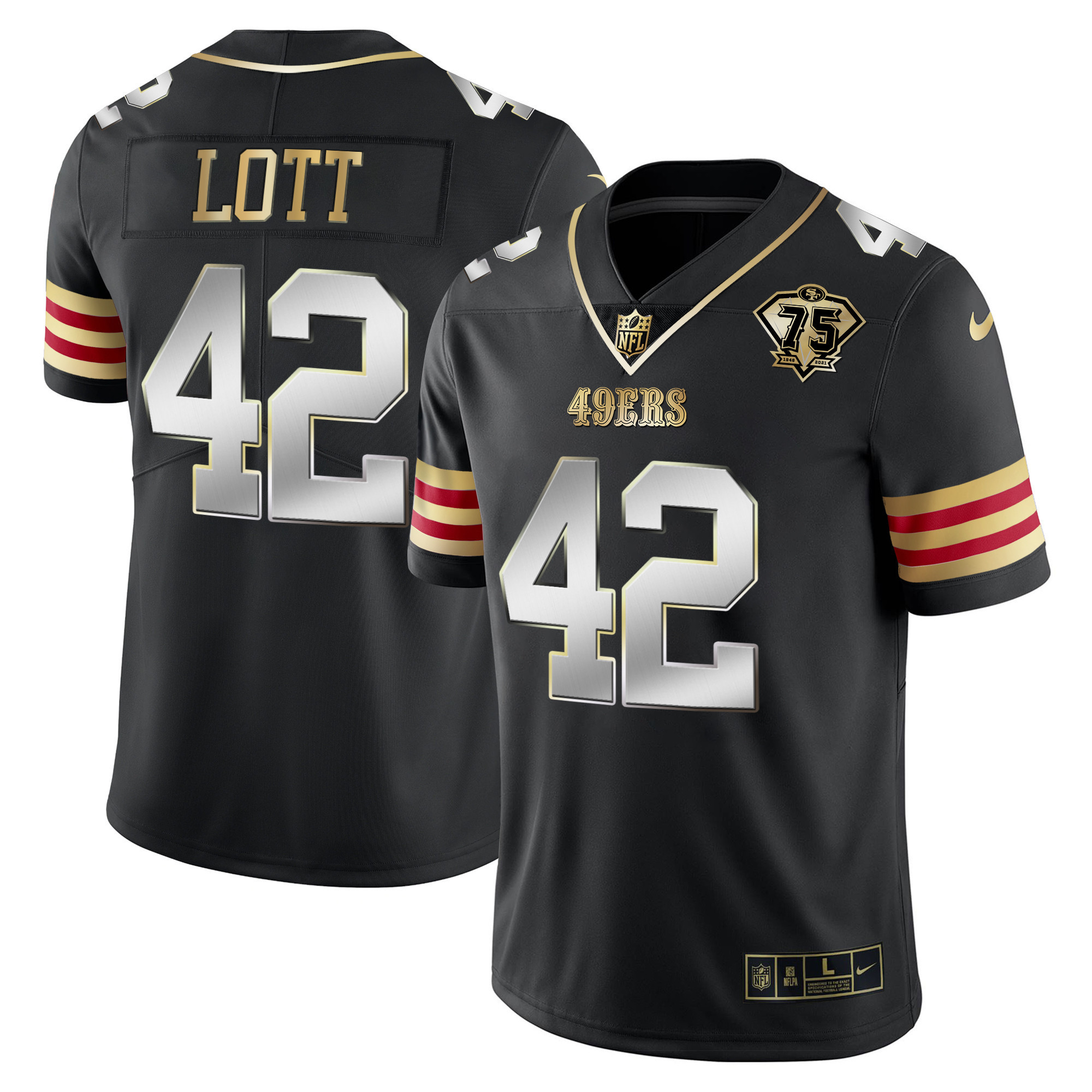Men's Ronnie Lott San Francisco 49ers 75th Anniversary Patch Vapor Gold Black Limited Jersey V2 - All Stitched