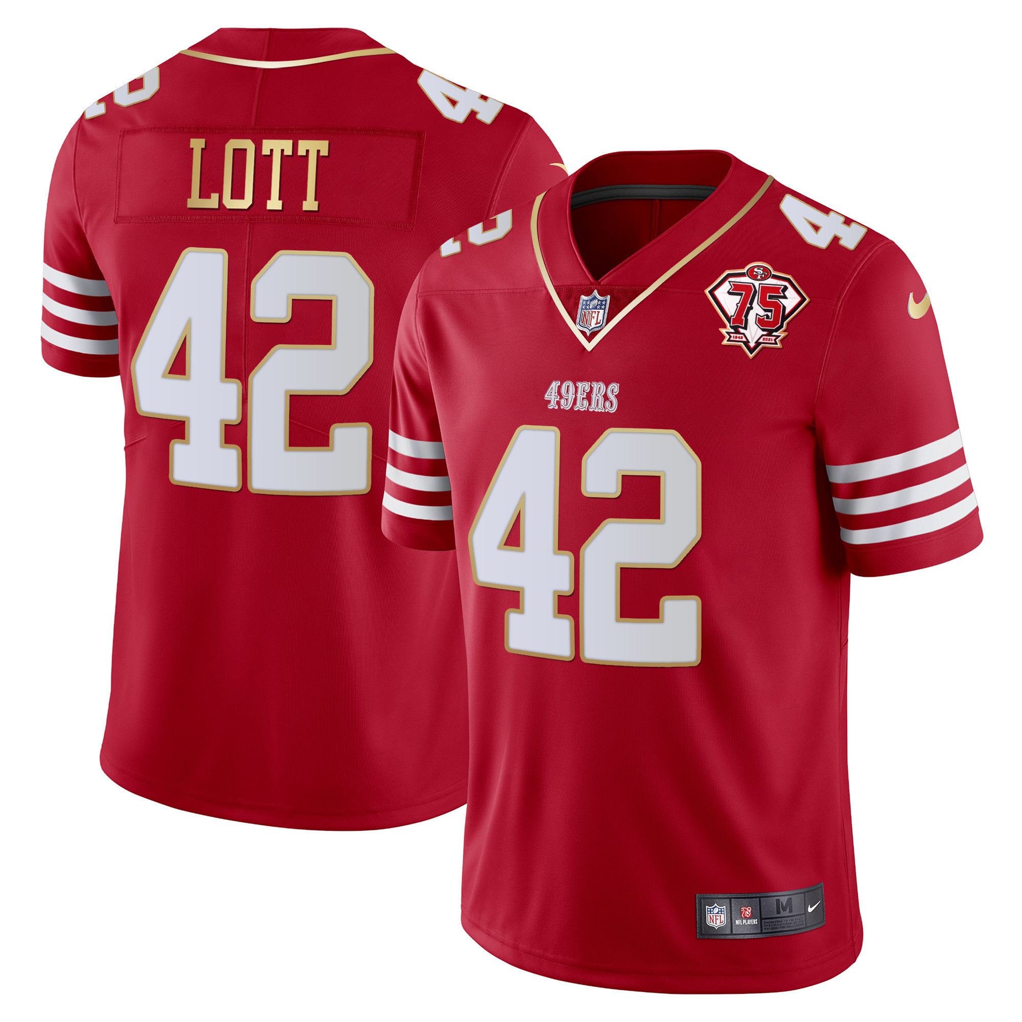 Men's Ronnie Lott San Francisco 49ers 75th Anniversary Patch Vapor Gold Trim Red Gold Jersey - All Stitched