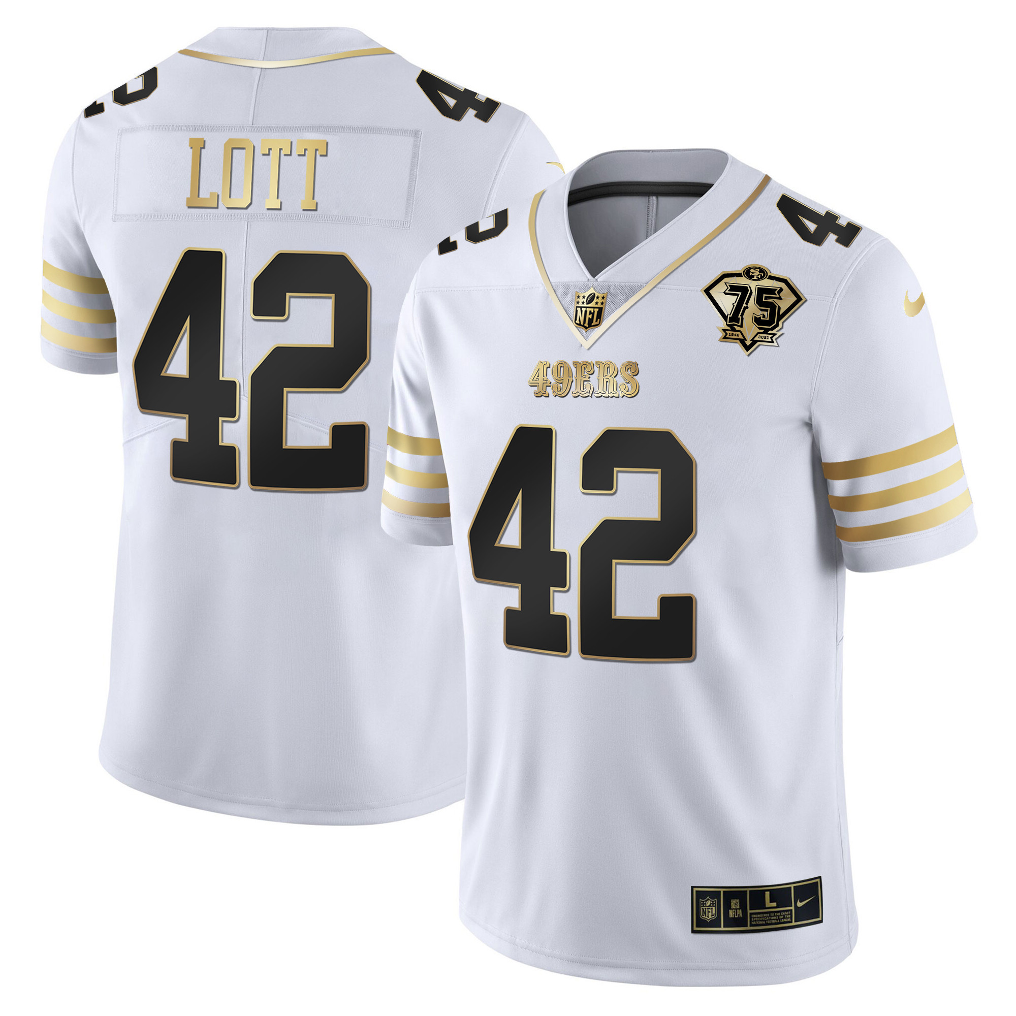 Men's Ronnie Lott San Francisco 49ers 75th Anniversary Patch Vapor Gold White Gold Jersey - All Stitched