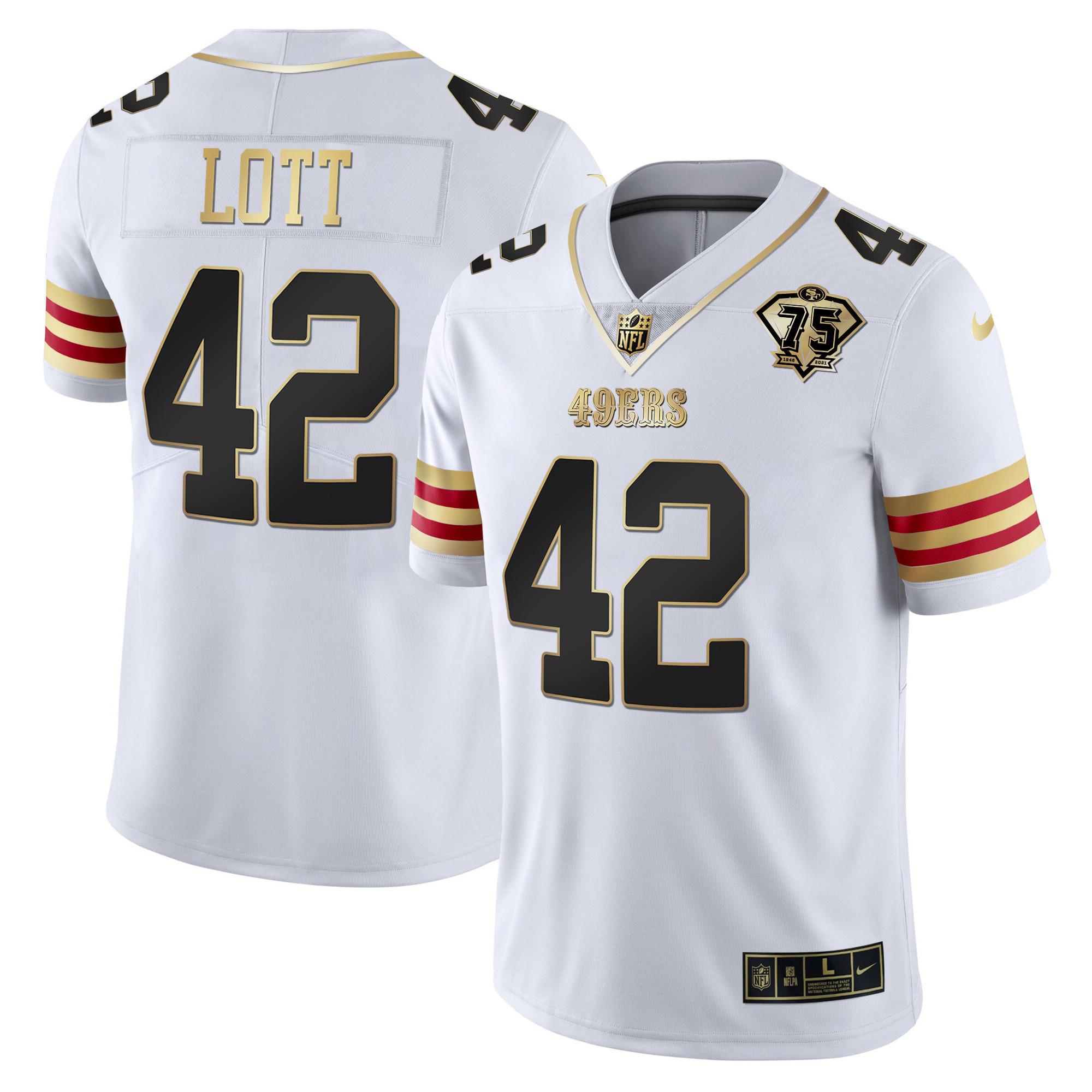 Men's Ronnie Lott San Francisco 49ers 75th Anniversary Patch Vapor Gold White Gold Jersey V2 - All Stitched