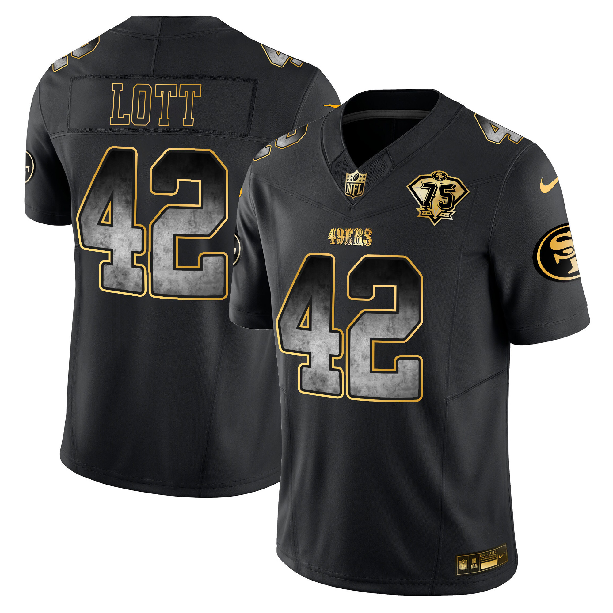 Men's Ronnie Lott San Francisco 49ers Arch Smoke Vapor Black Gold Jersey - All Stitched