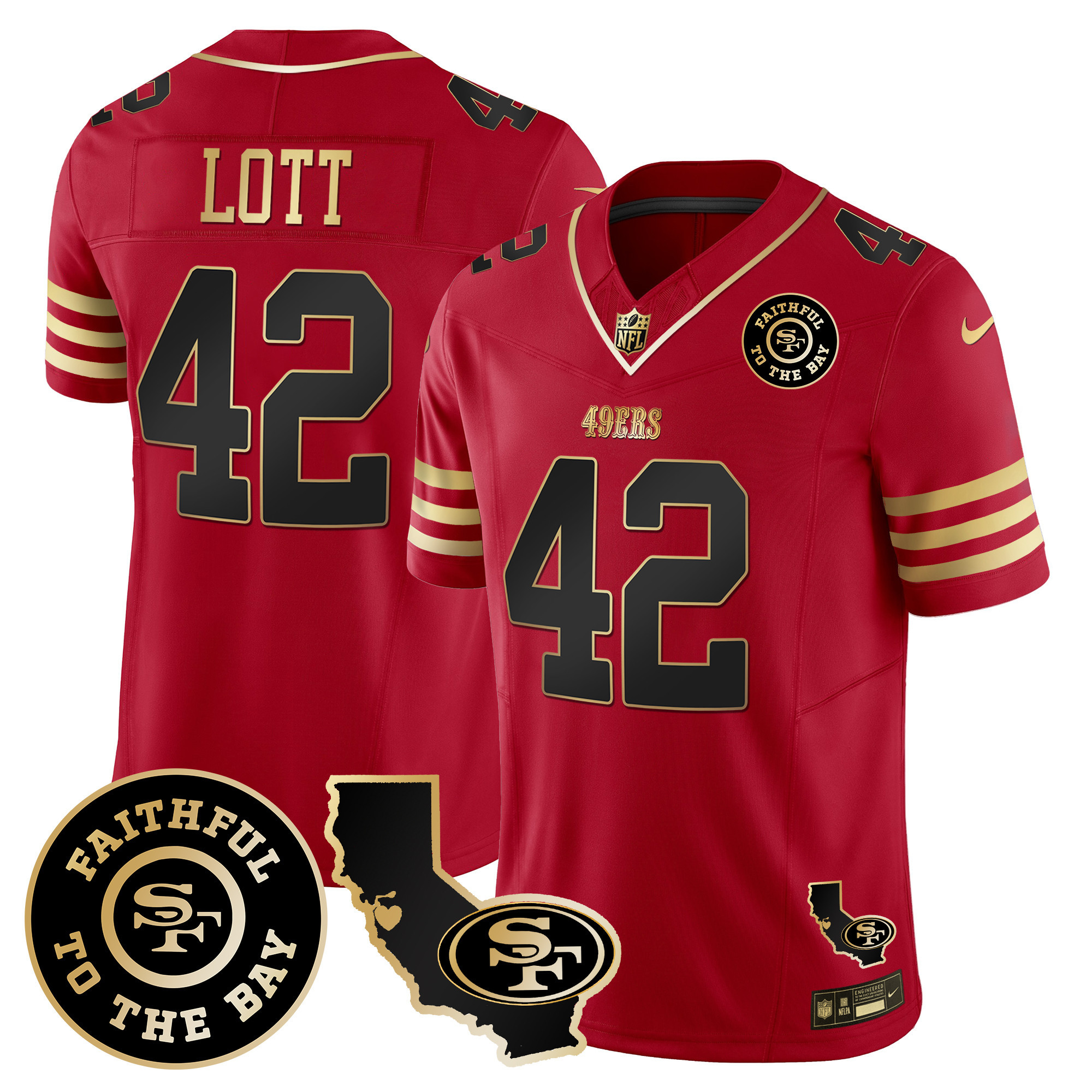 Men's Ronnie Lott San Francisco 49ers Faithful & California Patch Vapor Black Scarlet Jersey - All Stitched
