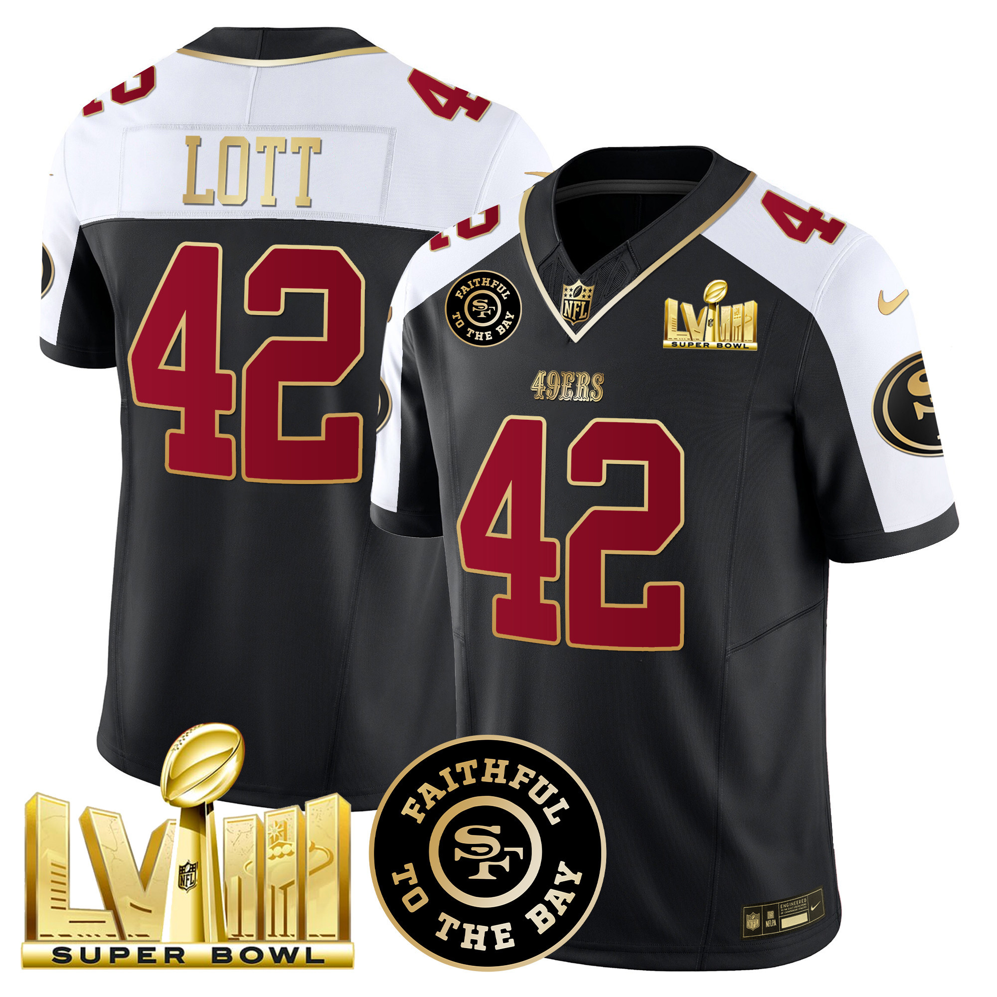 Men's Ronnie Lott San Francisco 49ers Faithful & Super Bowl LVIII Gold Patch Vapor Black Alternate Jersey - All Stitched