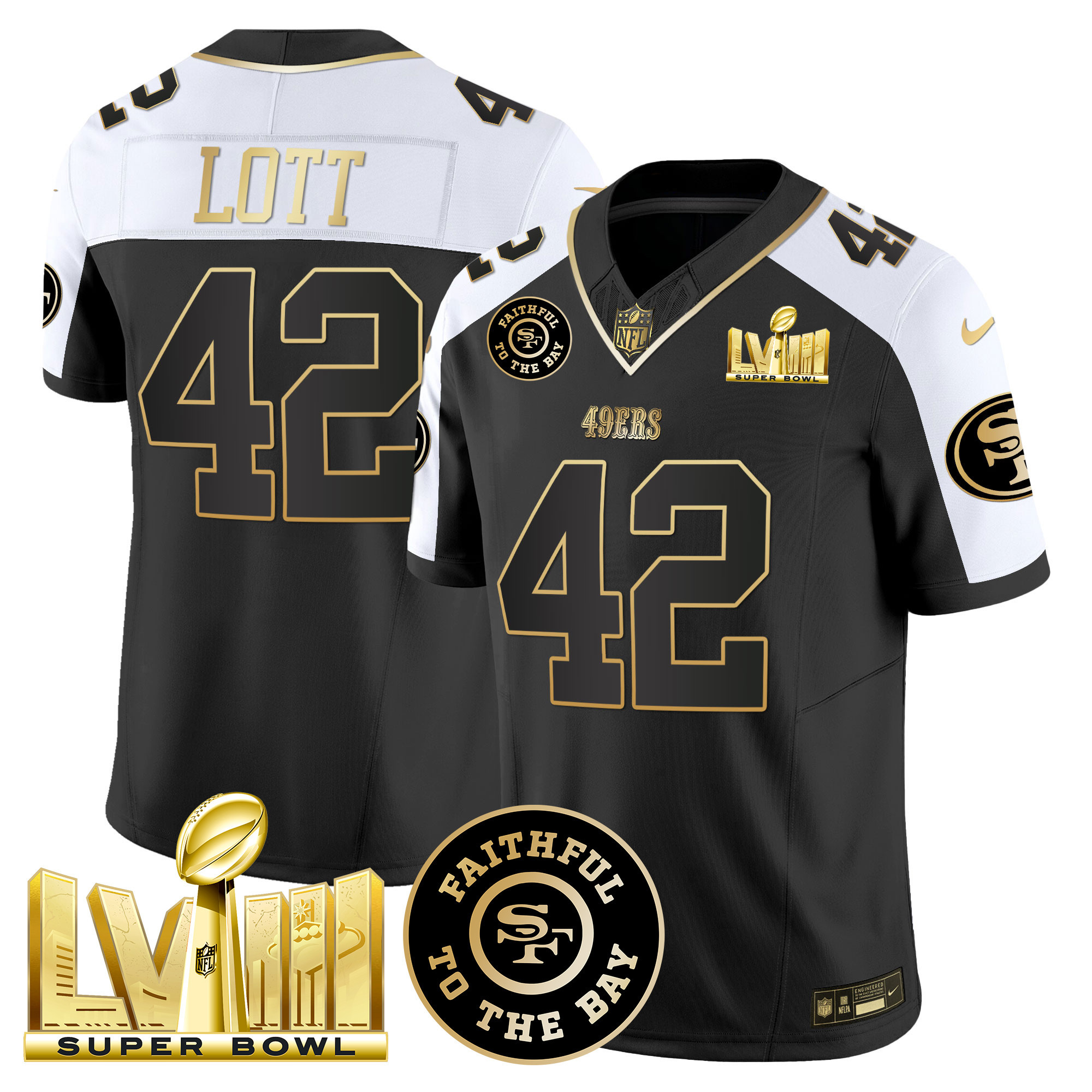 Men's Ronnie Lott San Francisco 49ers Faithful & Super Bowl LVIII Gold Patch Vapor Black Alternate Jersey V2 - All Stitched