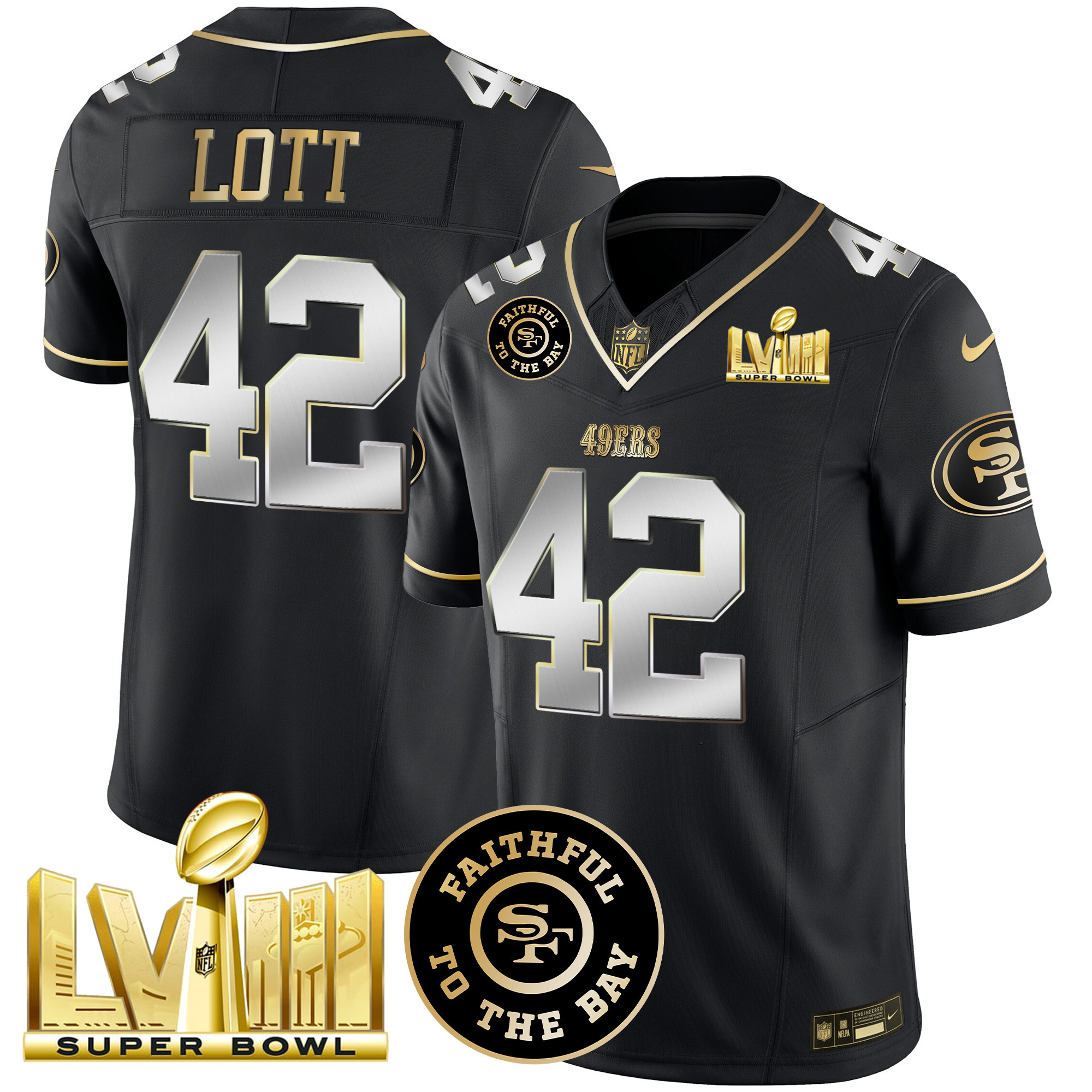 Men's Ronnie Lott San Francisco 49ers Faithful & Super Bowl LVIII Gold Patch Vapor Black Limited Jersey - All Stitched