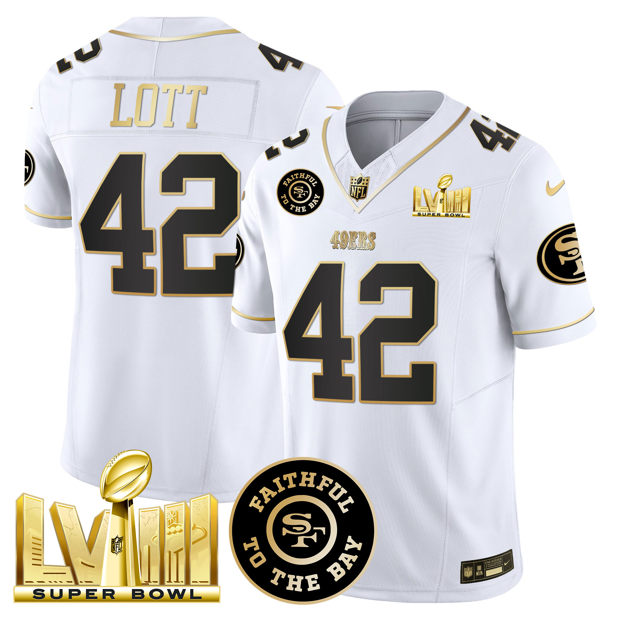 Men's Ronnie Lott San Francisco 49ers Faithful & Super Bowl LVIII Gold Patch Vapor White Gold Jersey V2 - All Stitched