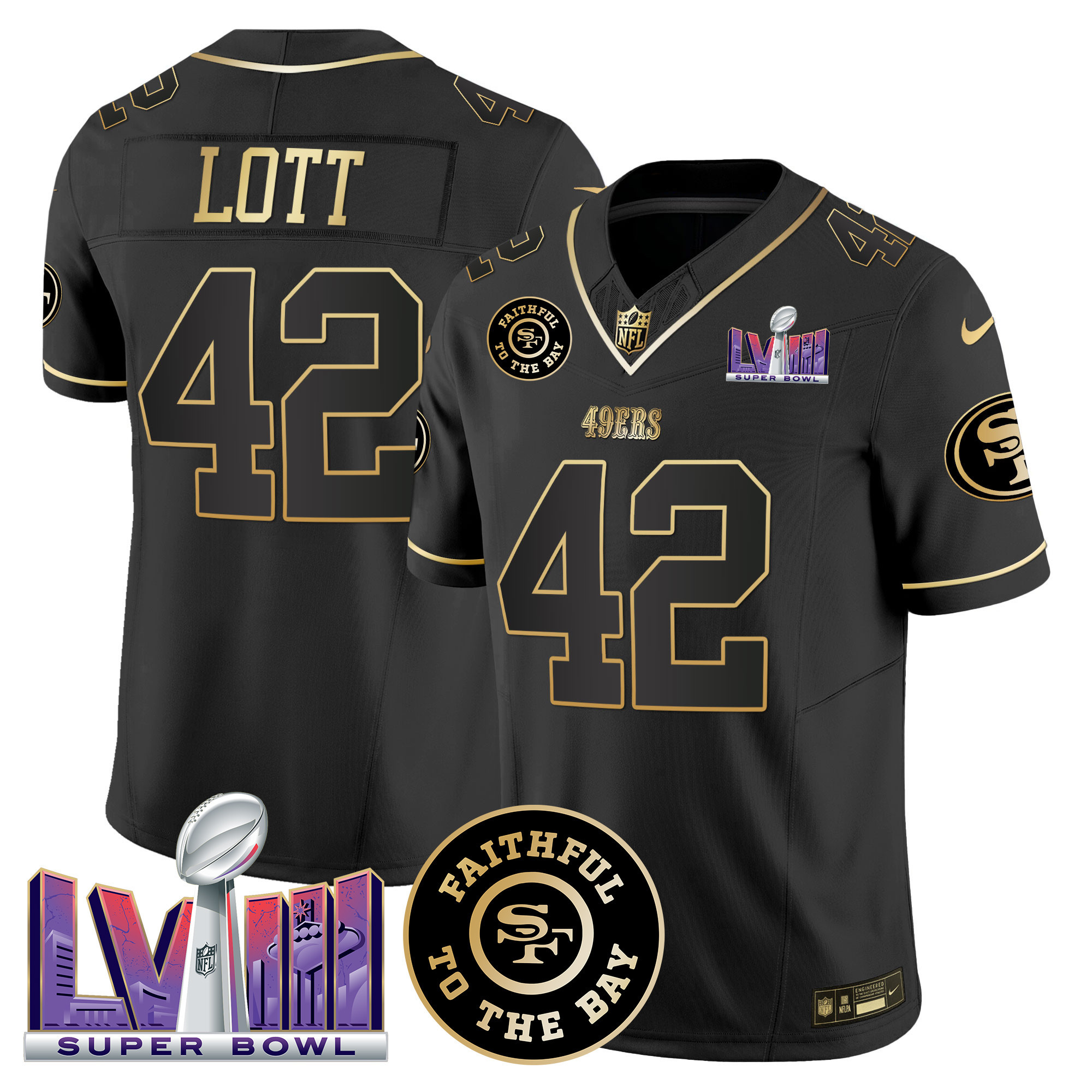 Men's Ronnie Lott San Francisco 49ers Faithful & Super Bowl LVIII Patch Vapor Black Gold Jersey V2 - All Stitched