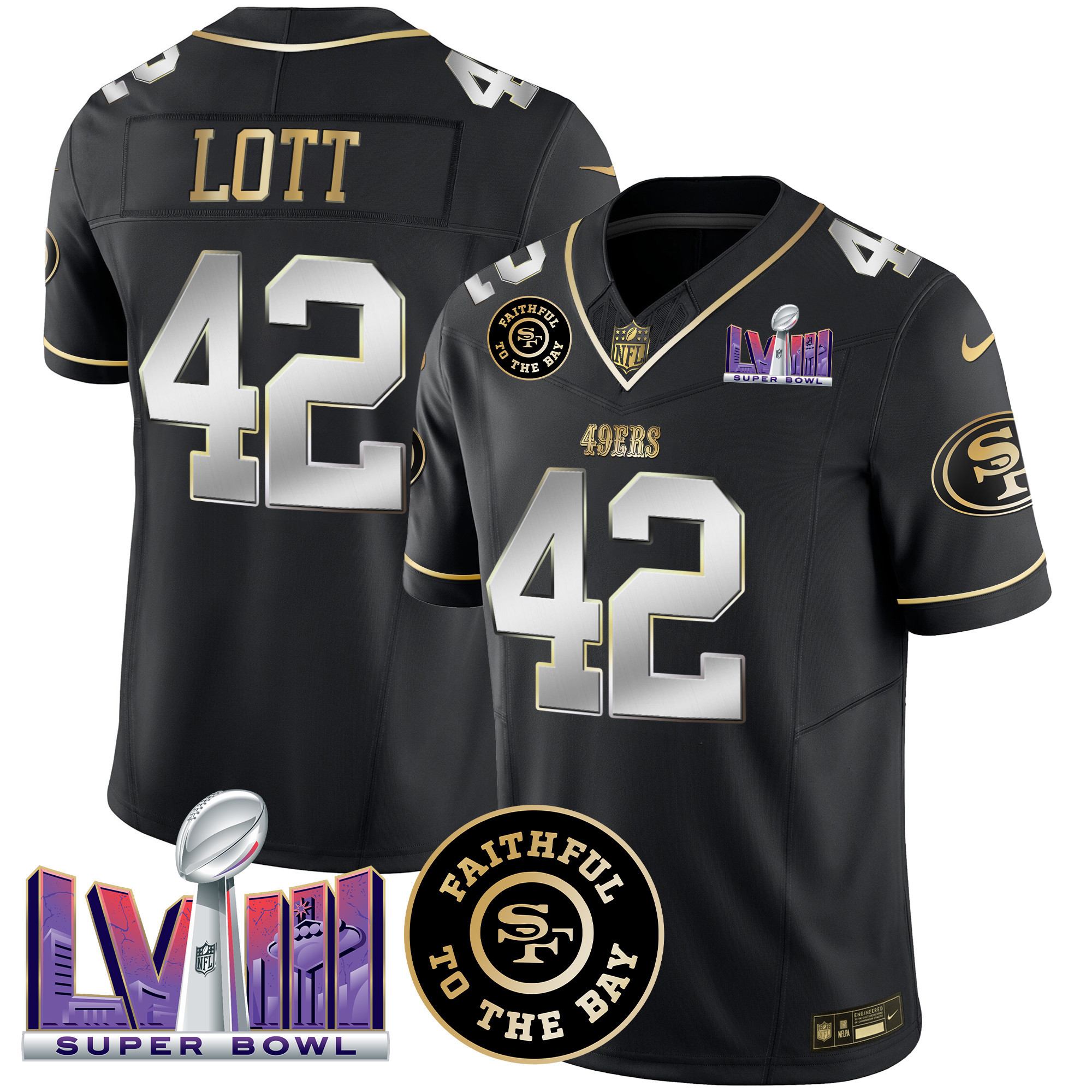 Men's Ronnie Lott San Francisco 49ers Faithful & Super Bowl LVIII Patch Vapor Black Limited Jersey - All Stitched