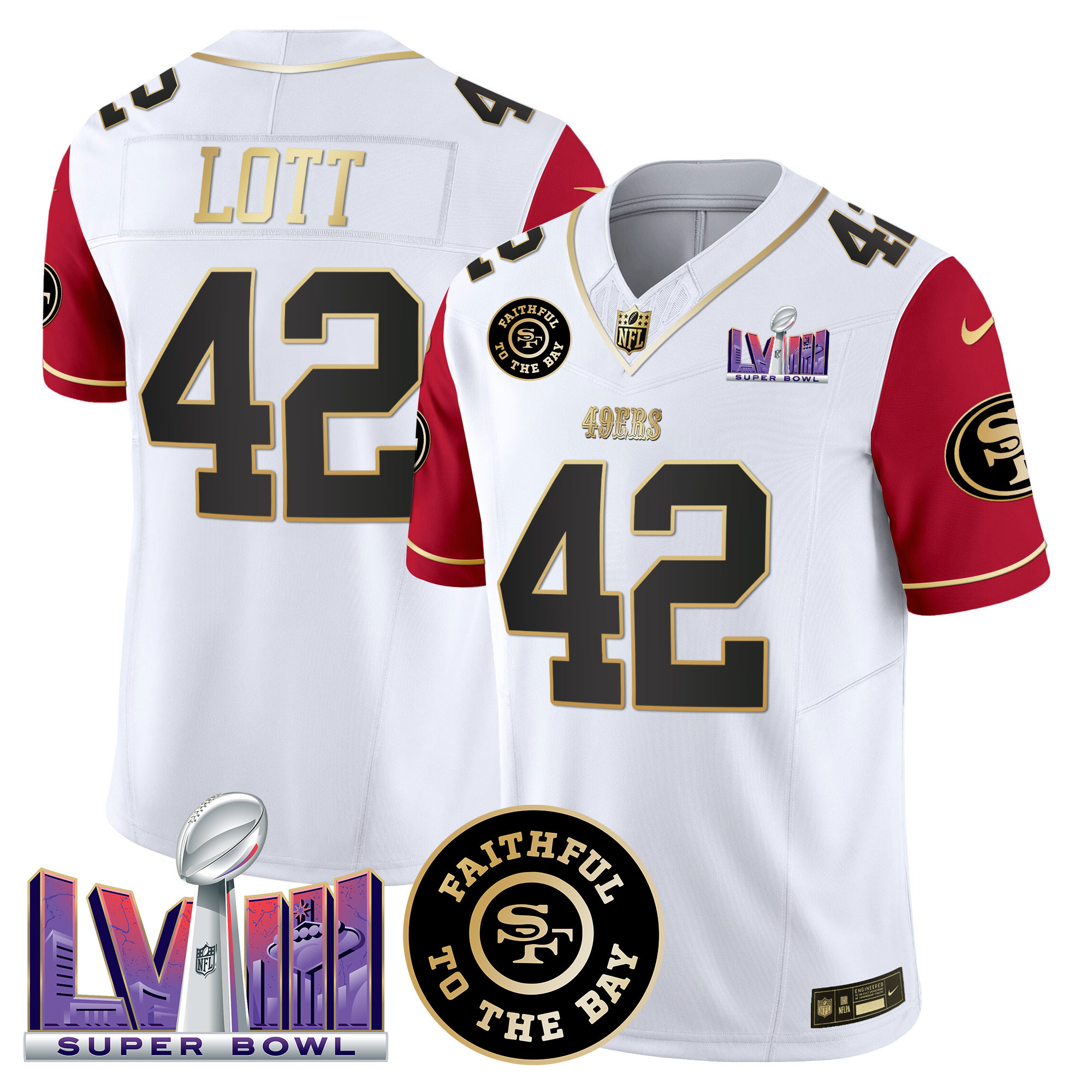 Men's Ronnie Lott San Francisco 49ers Faithful & Super Bowl LVIII Patch Vapor Color Sleeves Jersey V2 - All Stitched