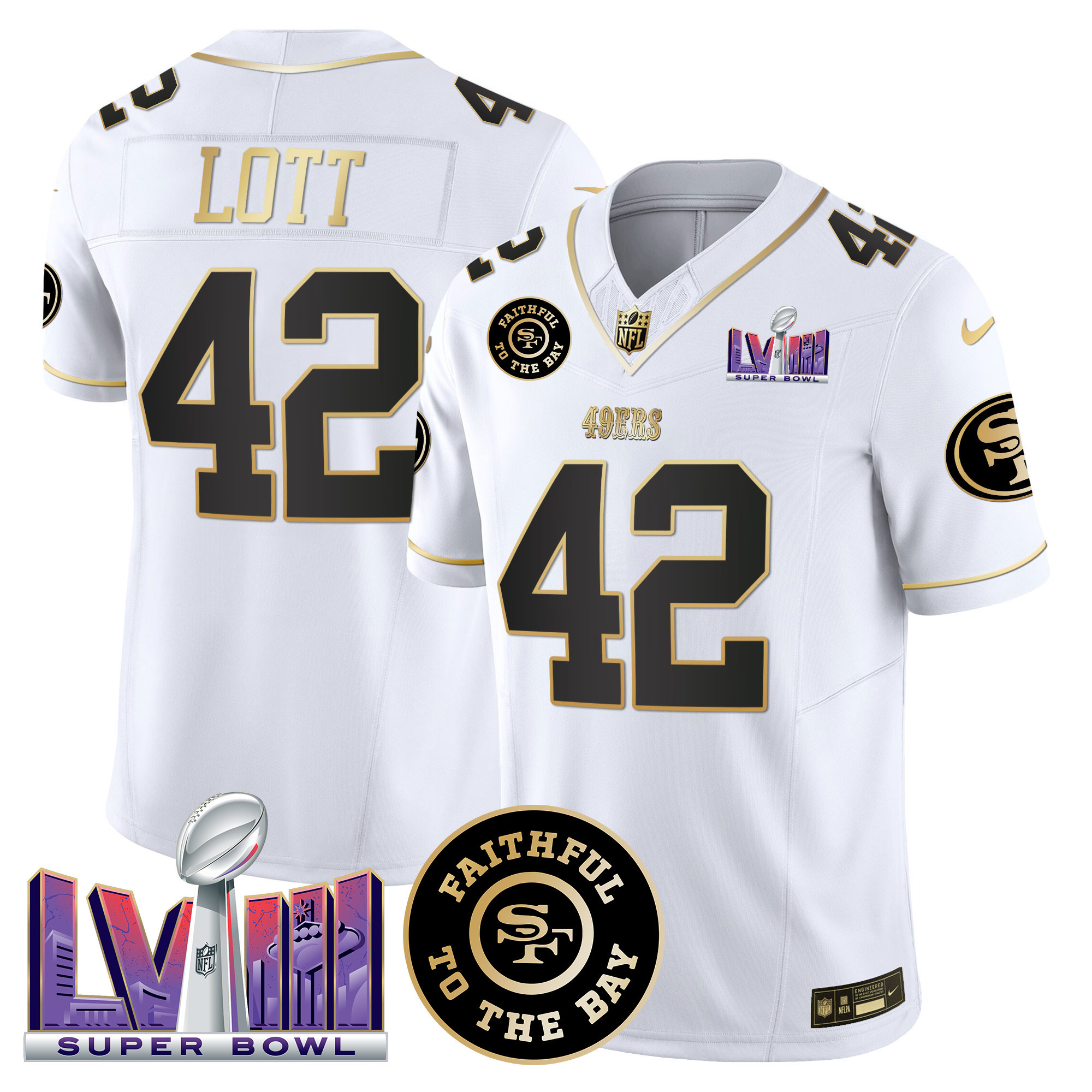 Men's Ronnie Lott San Francisco 49ers Faithful & Super Bowl LVIII Patch Vapor White Gold Jersey V2 - All Stitched