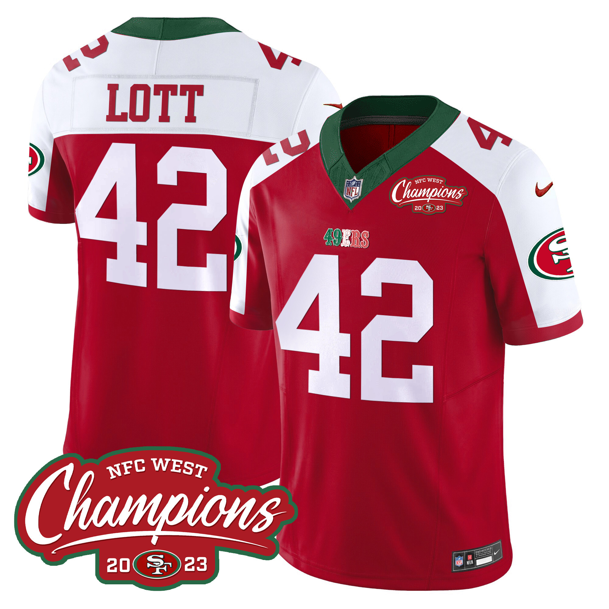 Men's Ronnie Lott San Francisco 49ers Mexico 2023 NFC West Champions Patch Vapor Red Alternate Jersey - All Stitched