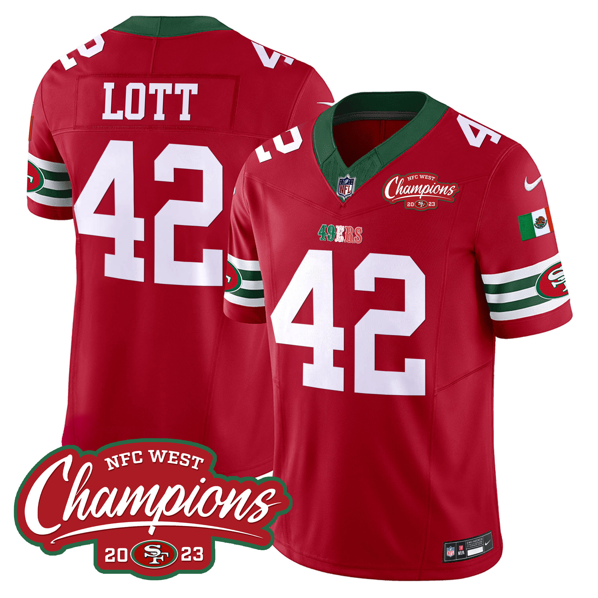Men's Ronnie Lott San Francisco 49ers Mexico 2023 NFC West Champions Patch Vapor Red Jersey - All Stitched