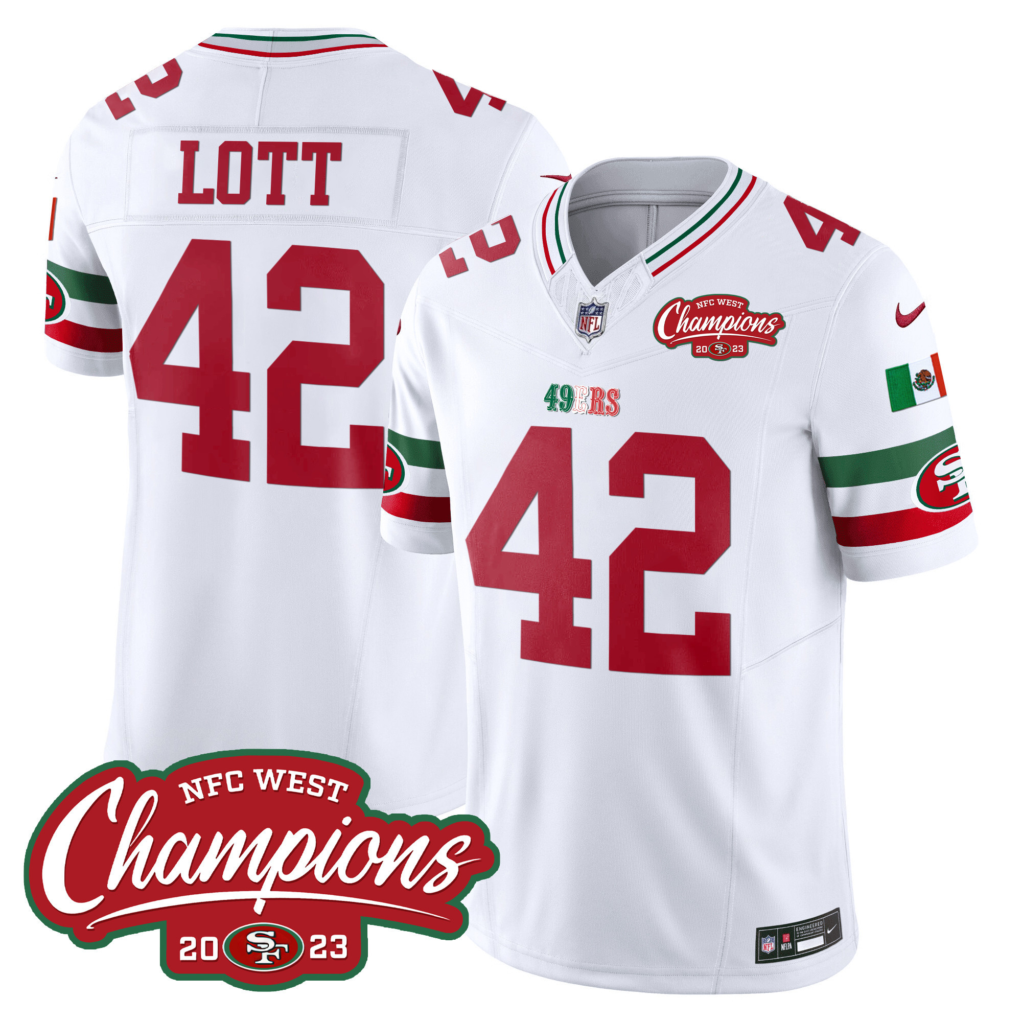 Men's Ronnie Lott San Francisco 49ers Mexico 2023 NFC West Champions Patch Vapor White Jersey - All Stitched