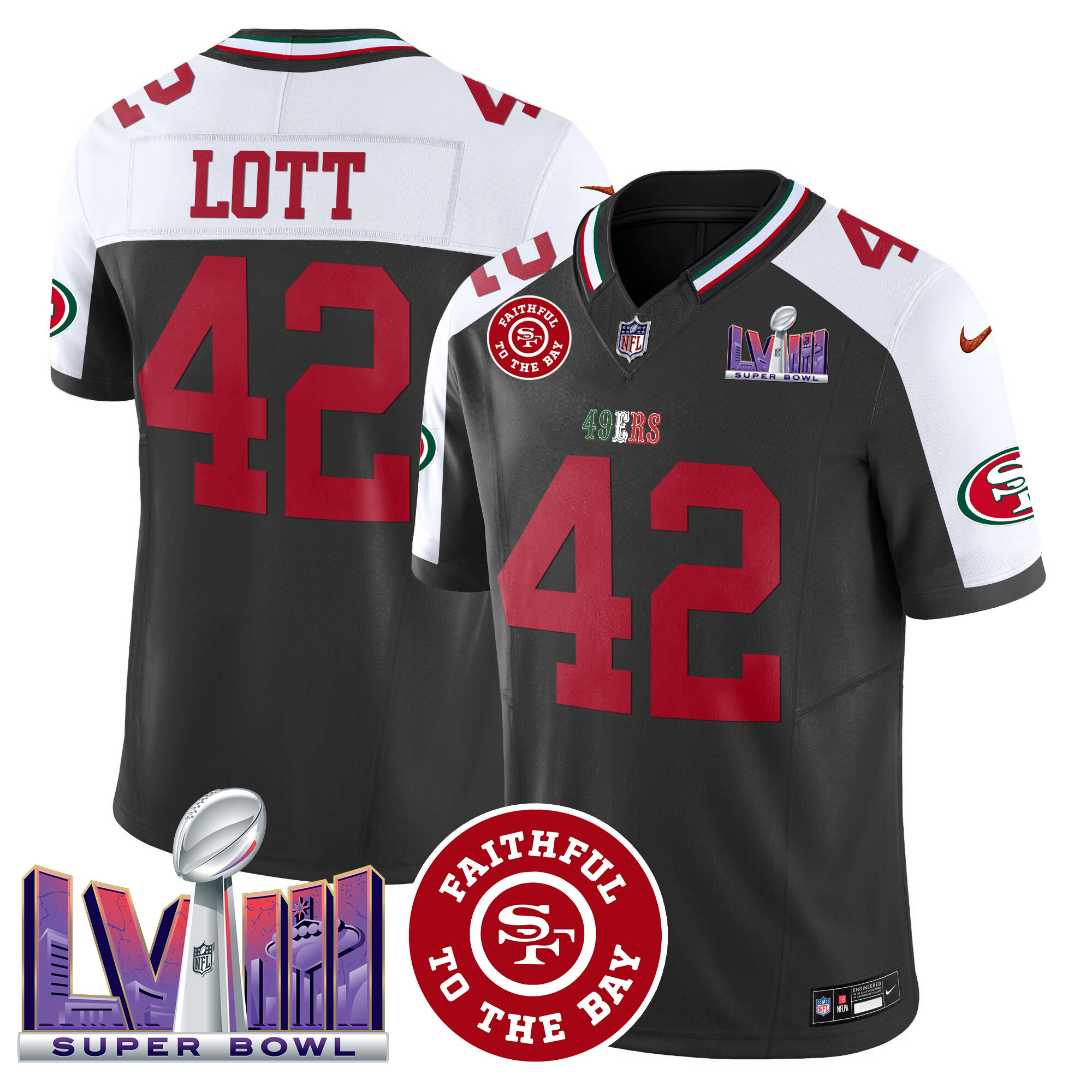 Men's Ronnie Lott San Francisco 49ers Mexico Faithful & Super Bowl LVIII Patch Vapor Black Alterante Jersey - All Stitched