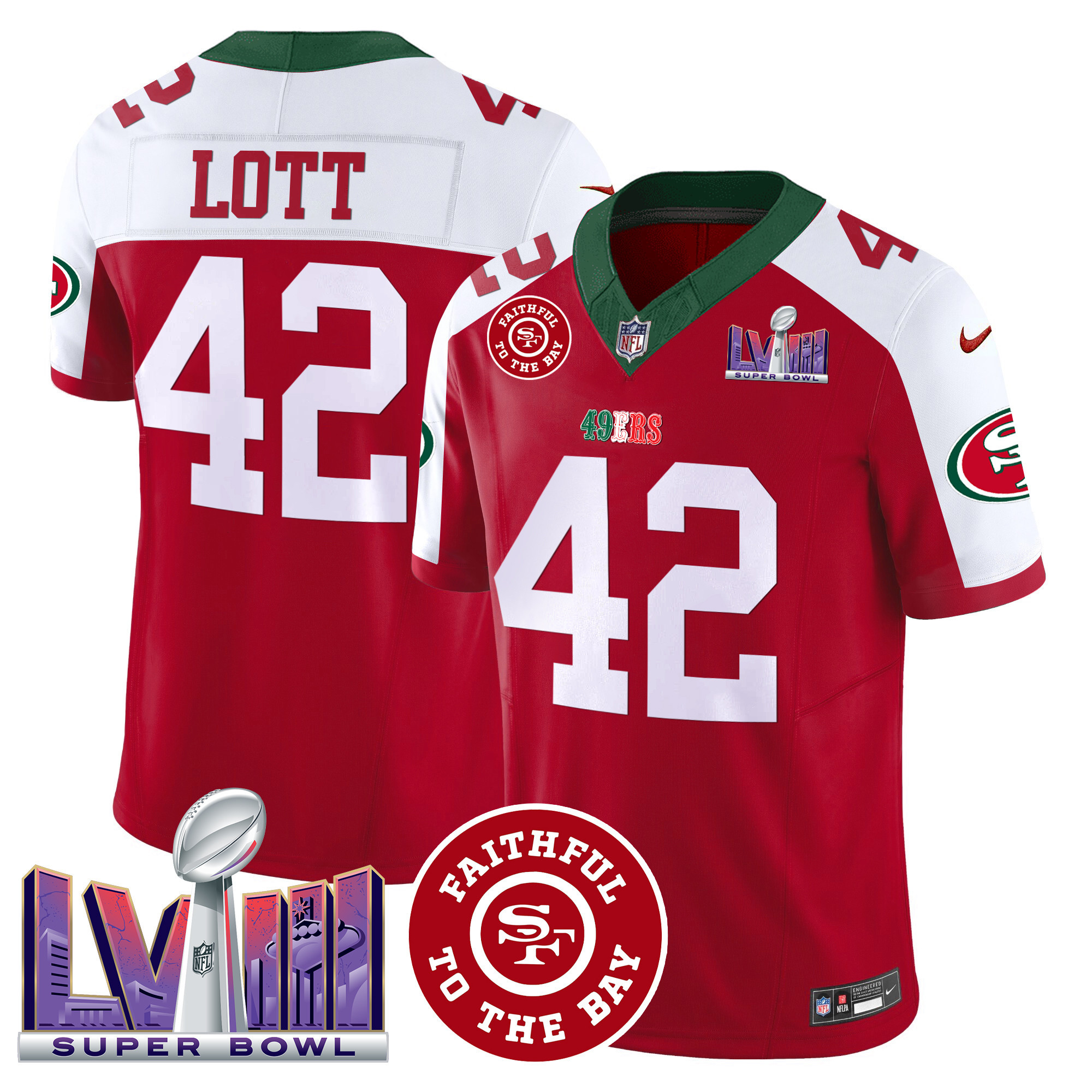 Men's Ronnie Lott San Francisco 49ers Mexico Faithful & Super Bowl LVIII Patch Vapor Red Alternate Jersey - All Stitched