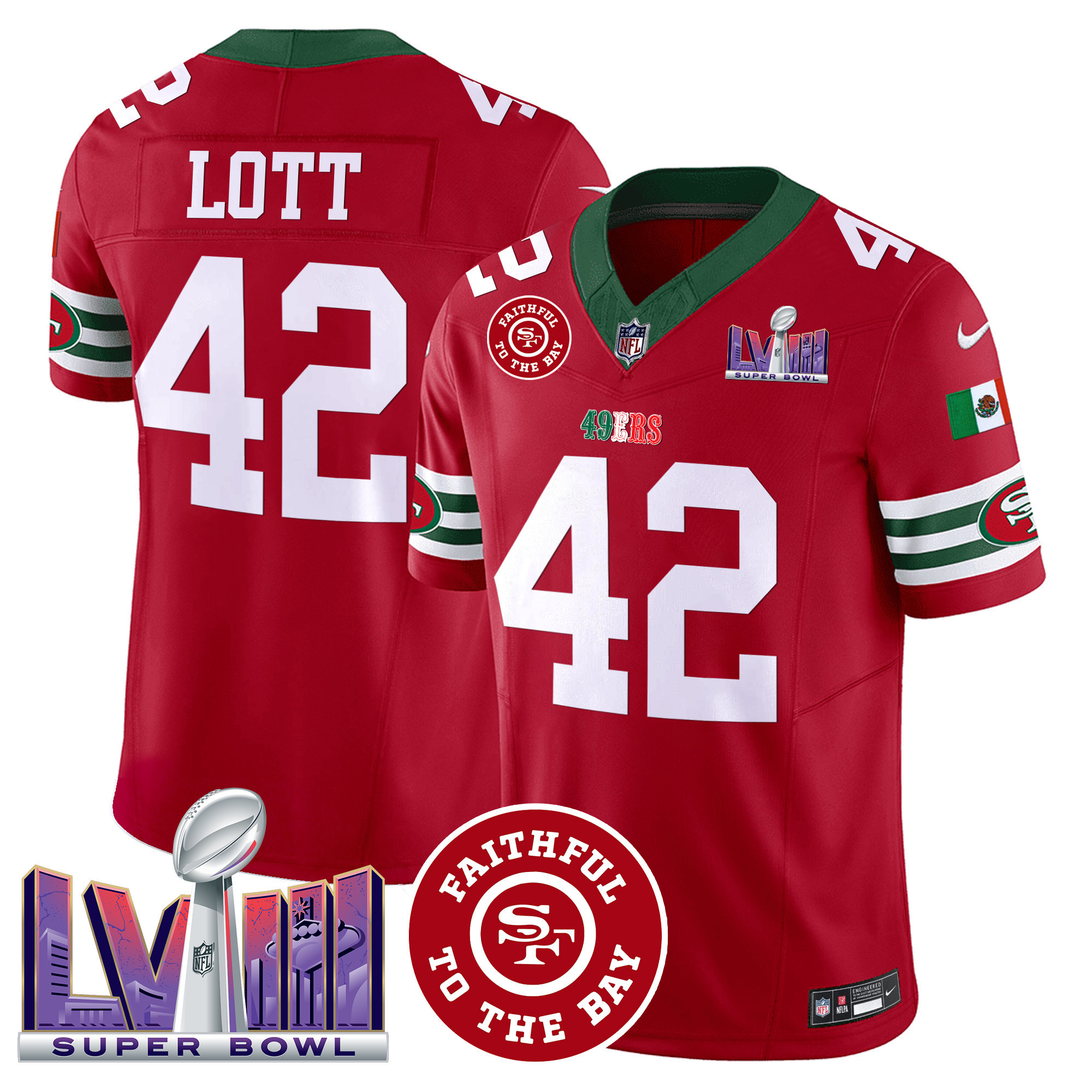 Men's Ronnie Lott San Francisco 49ers Mexico Faithful & Super Bowl LVIII Patch Vapor Red Jersey - All Stitched