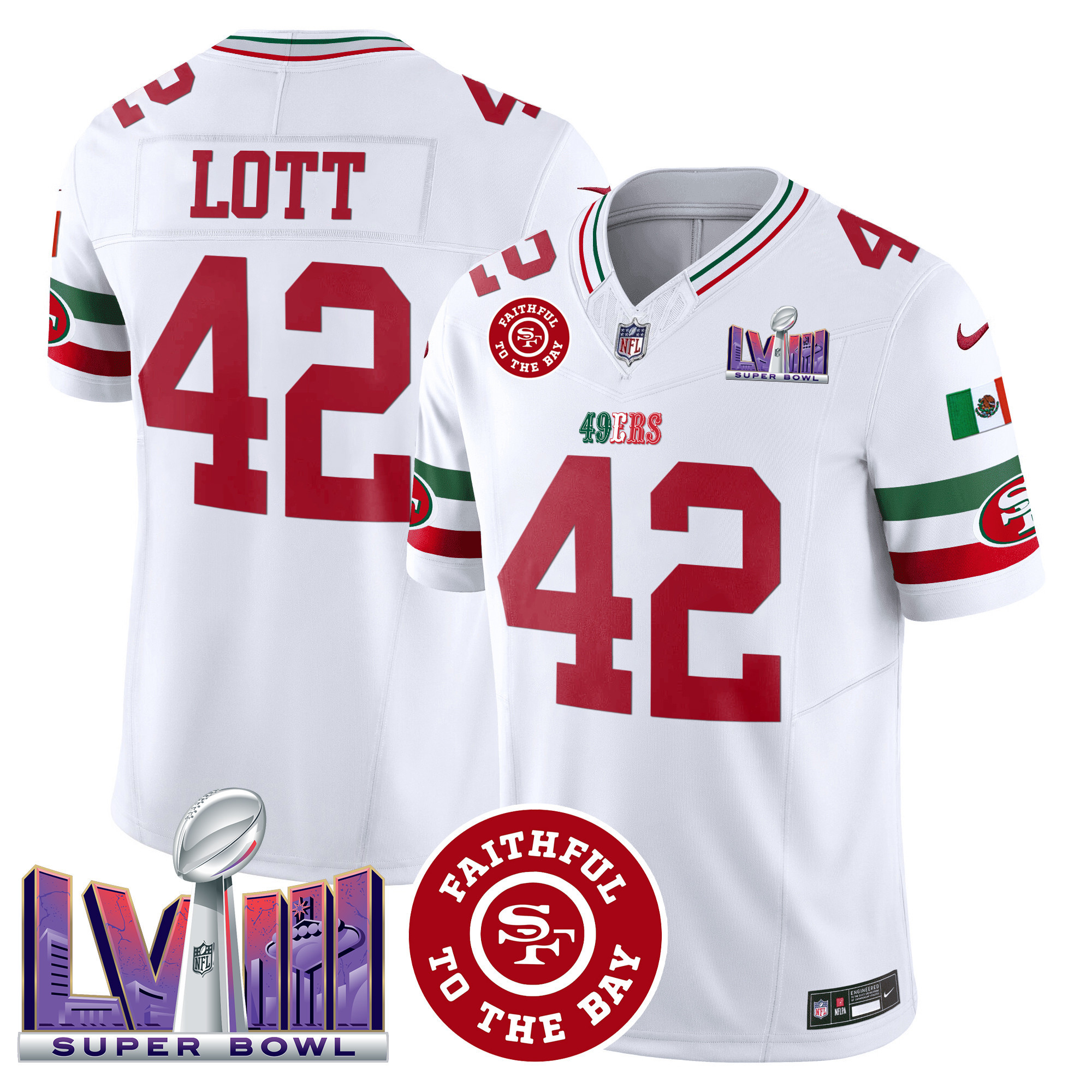 Men's Ronnie Lott San Francisco 49ers Mexico Faithful & Super Bowl LVIII Patch Vapor White Jersey - All Stitched