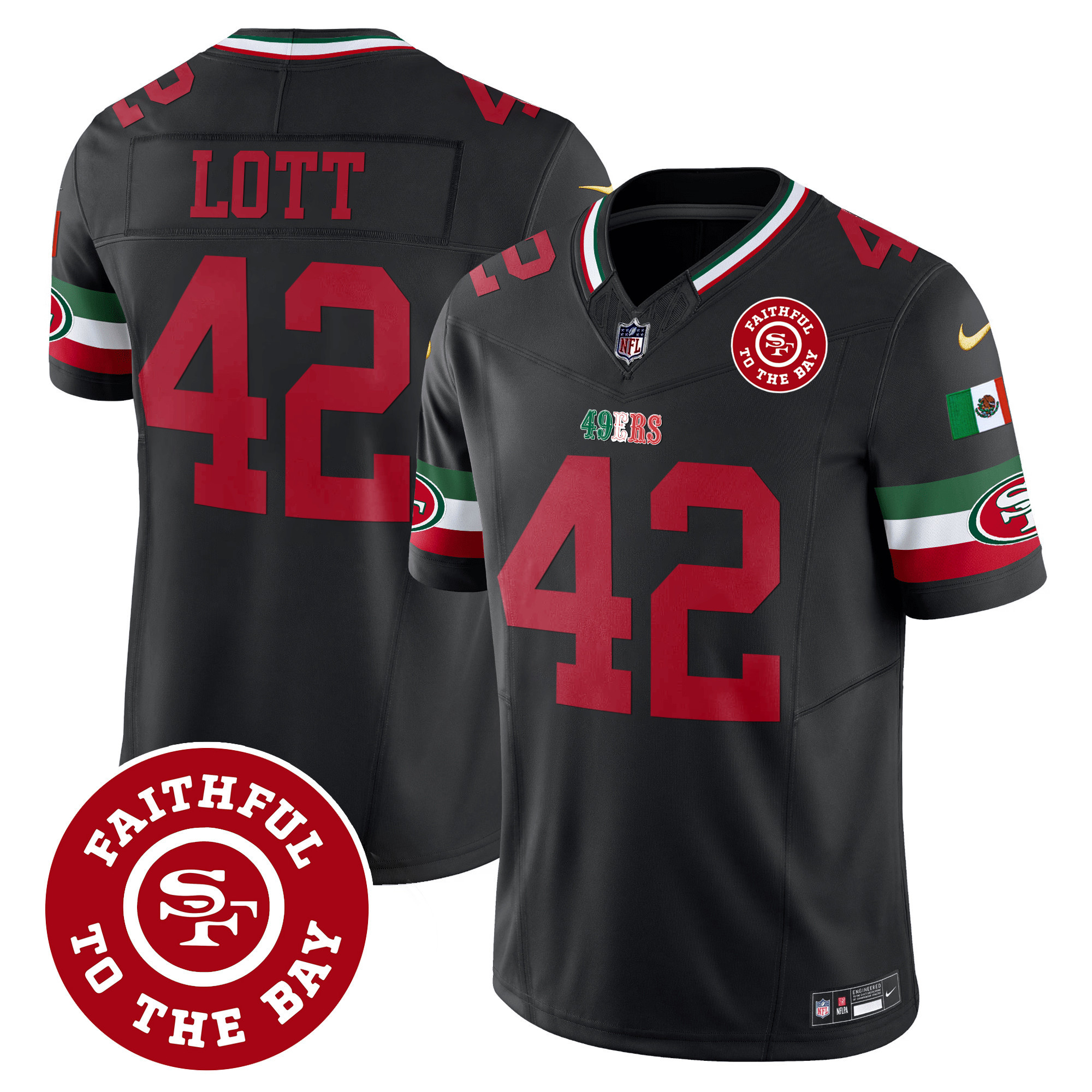 Men's Ronnie Lott San Francisco 49ers Mexico Faithful To The Bay Patch Vapor Black Jersey - All Stitched