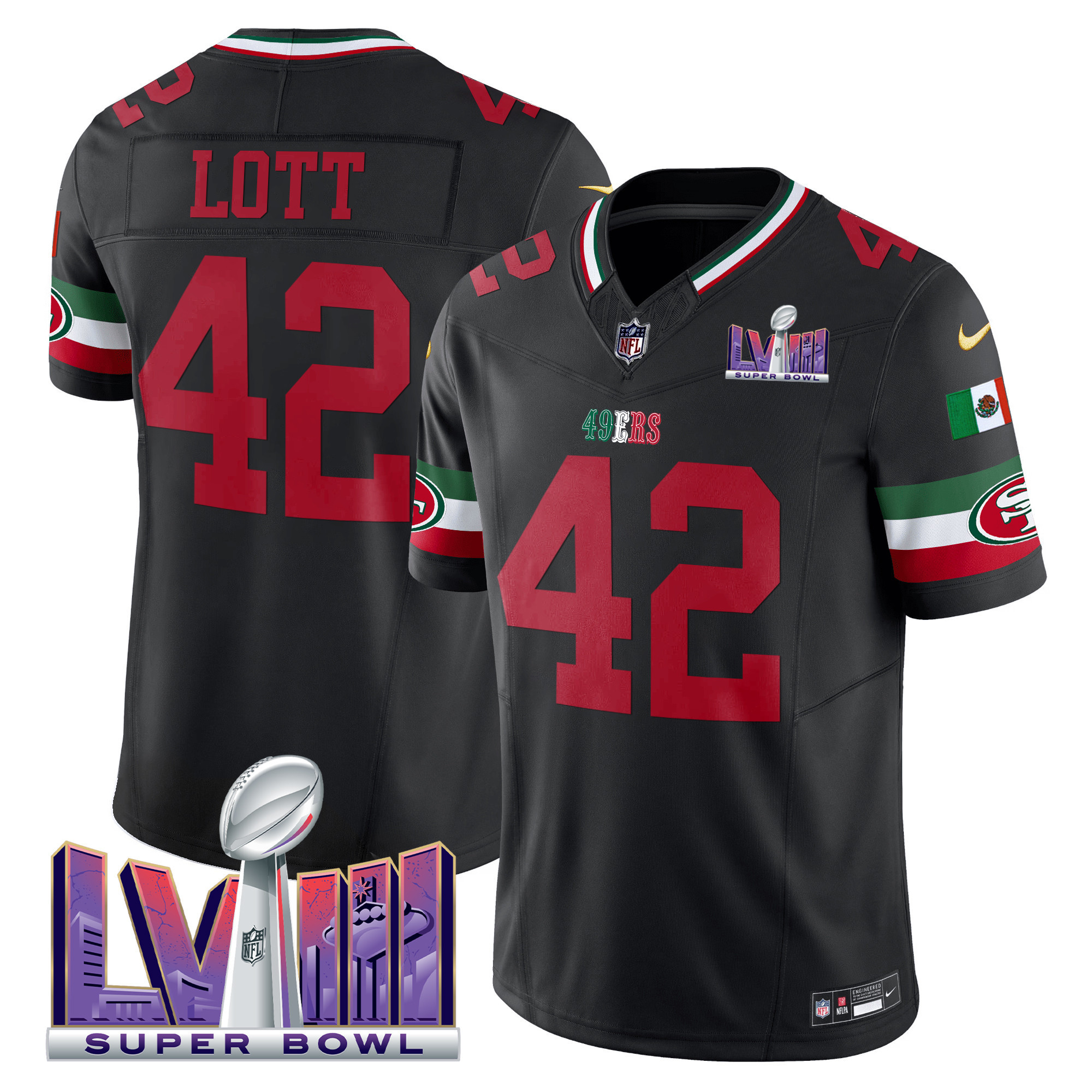 Men's Ronnie Lott San Francisco 49ers Mexico Super Bowl LVIII Patch Vapor Black Jersey - All Stitched