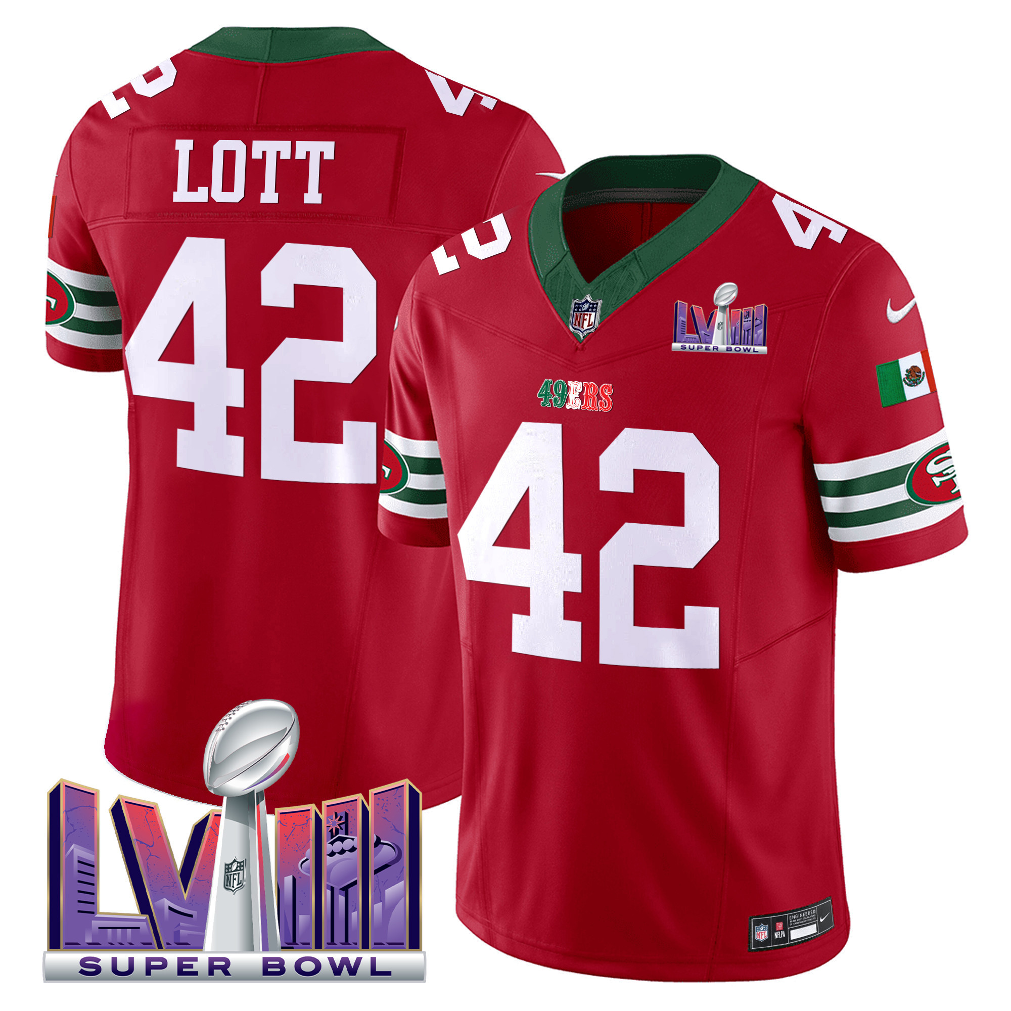 Men's Ronnie Lott San Francisco 49ers Mexico Super Bowl LVIII Patch Vapor Red Jersey - All Stitched