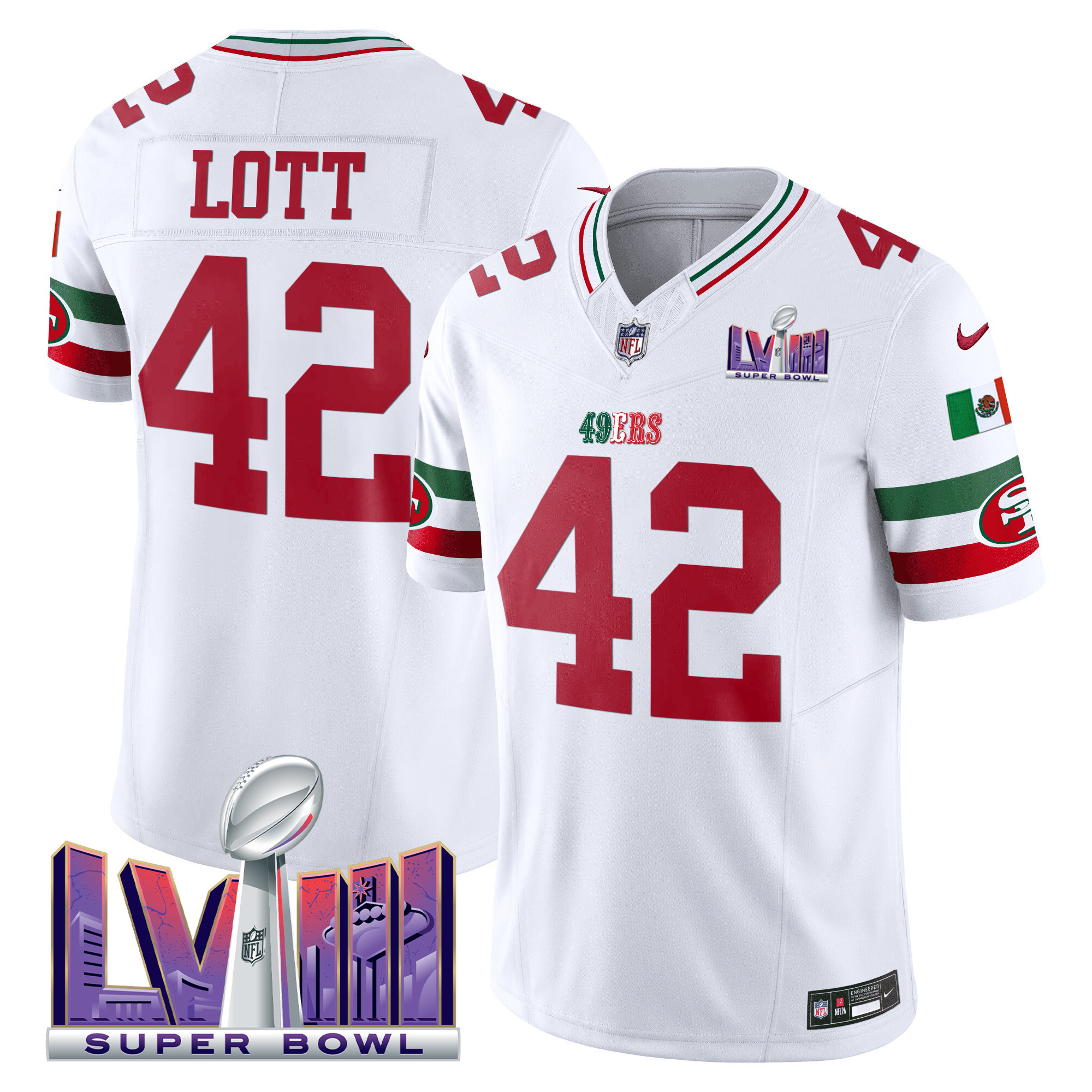 Men's Ronnie Lott San Francisco 49ers Mexico Super Bowl LVIII Patch Vapor White Jersey - All Stitched
