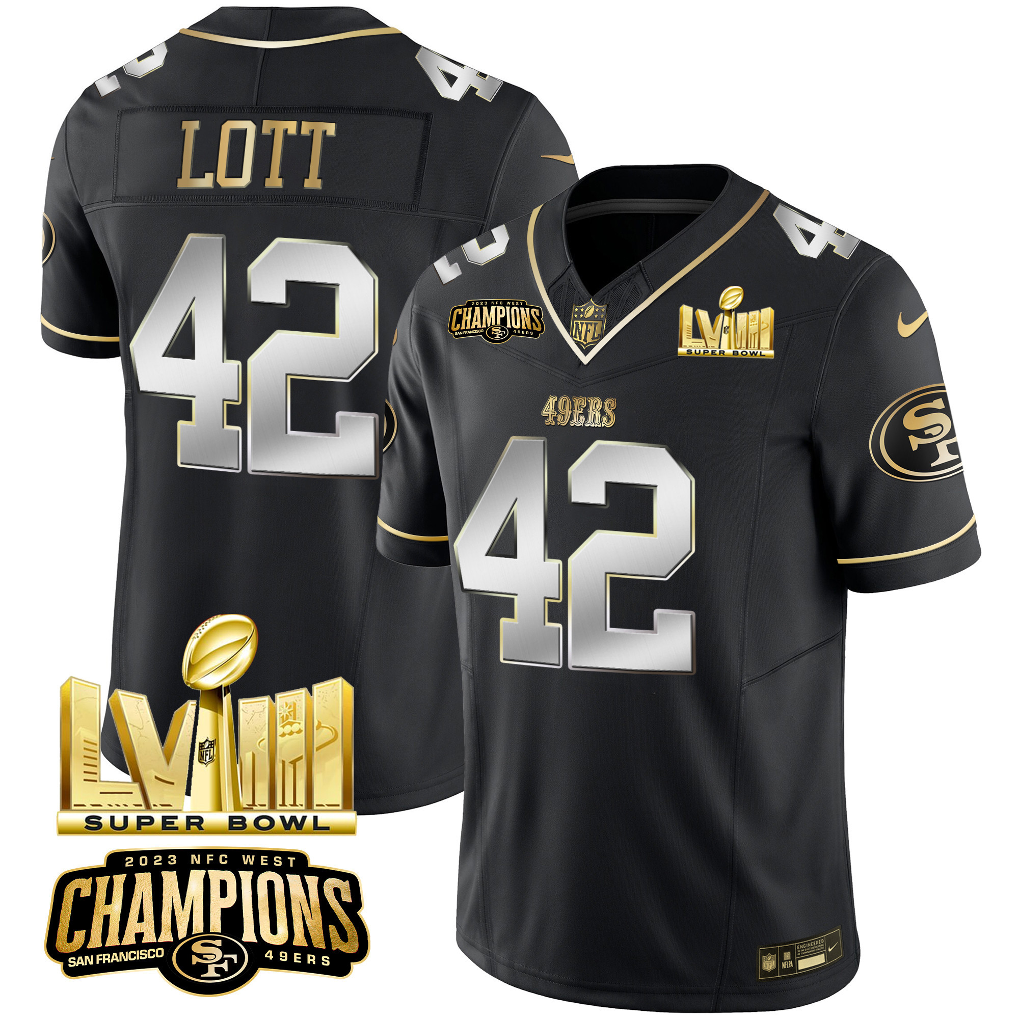 Men's Ronnie Lott San Francisco 49ers NFC West Champions & Super Bowl LVIII Gold Patch Vapor Black Limited Jersey - All Stitched
