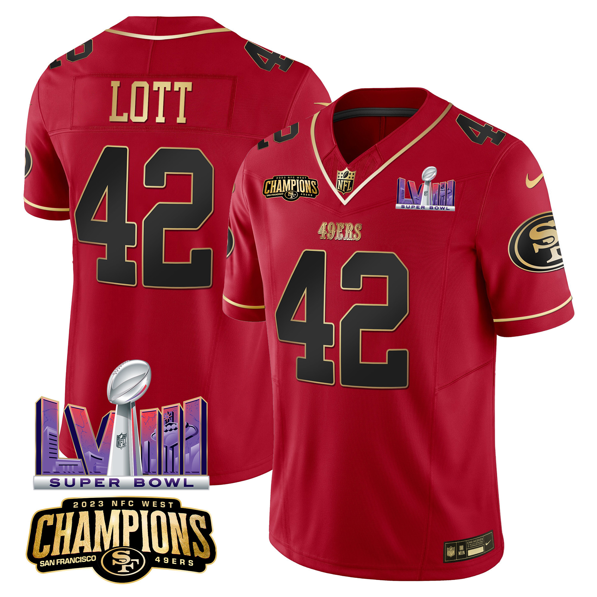 Men's Ronnie Lott San Francisco 49ers NFC West Champions & Super Bowl LVIII Patch Vapor Scarlet Limited Jersey - All Stitched