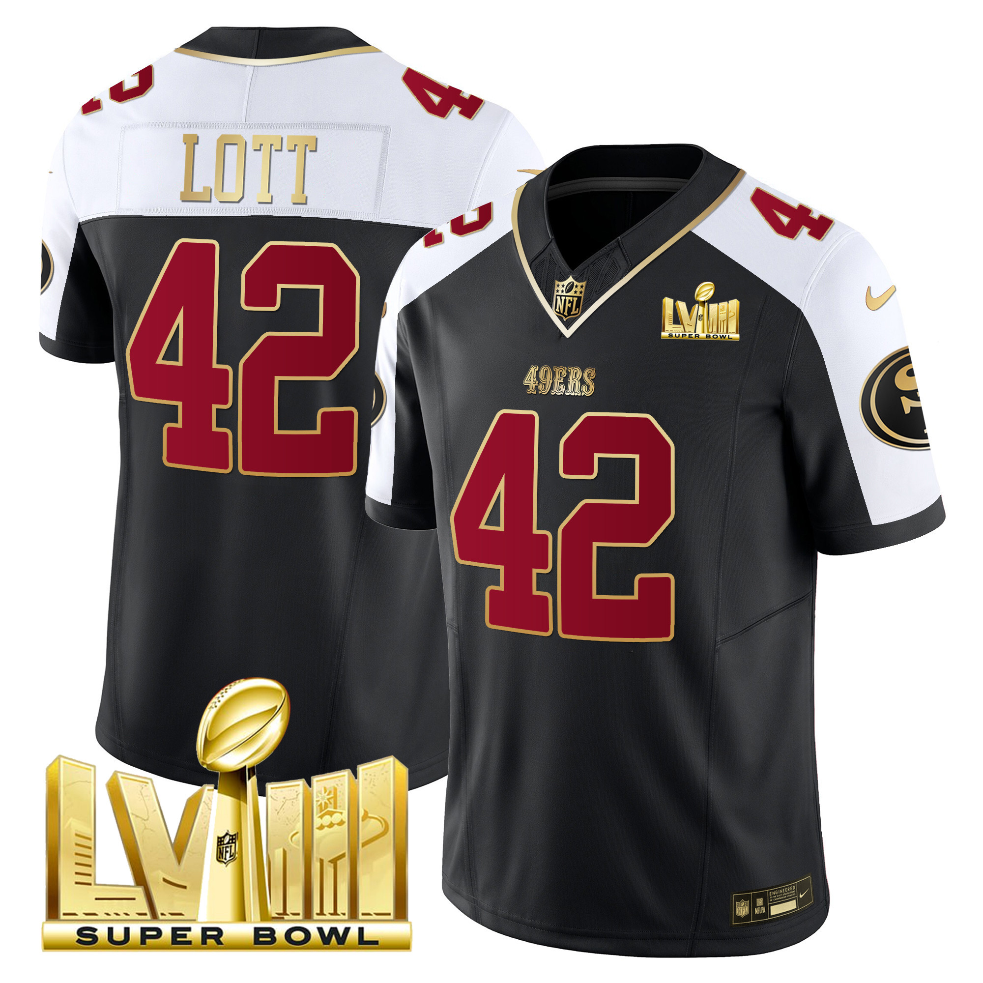 Men's Ronnie Lott San Francisco 49ers Super Bowl LVIII Gold Patch Vapor Black Alternate Jersey - All Stitched