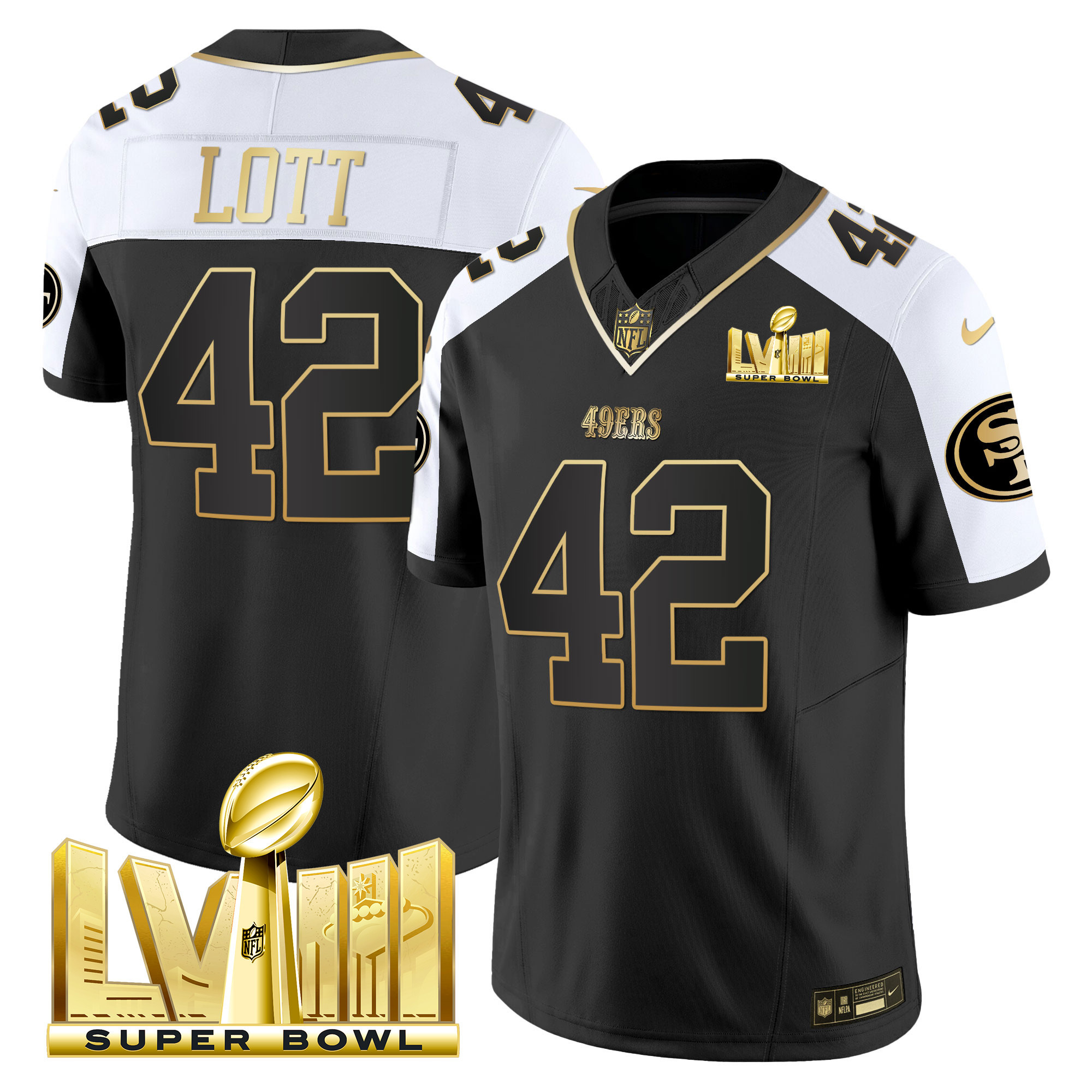 Men's Ronnie Lott San Francisco 49ers Super Bowl LVIII Gold Patch Vapor Black Alternate Jersey V2 - All Stitched