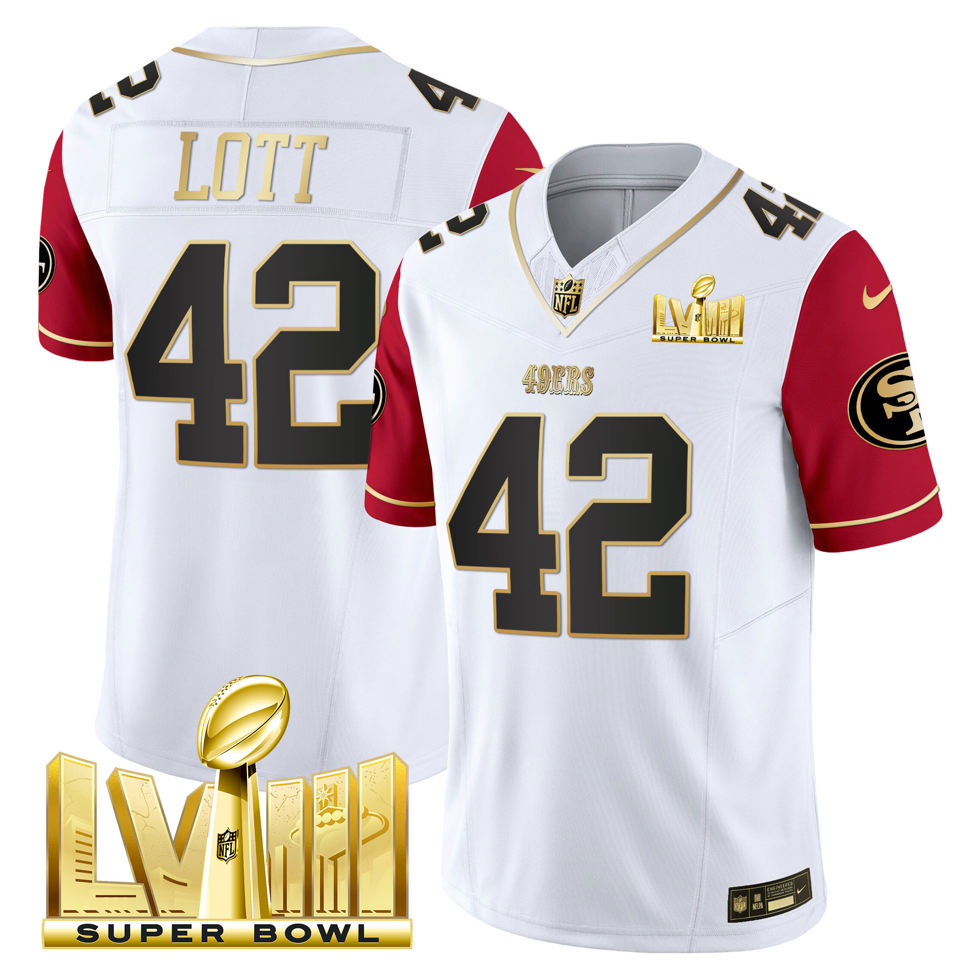 Men's Ronnie Lott San Francisco 49ers Super Bowl LVIII Gold Patch Vapor Color Sleeves Jersey V2 - All Stitched