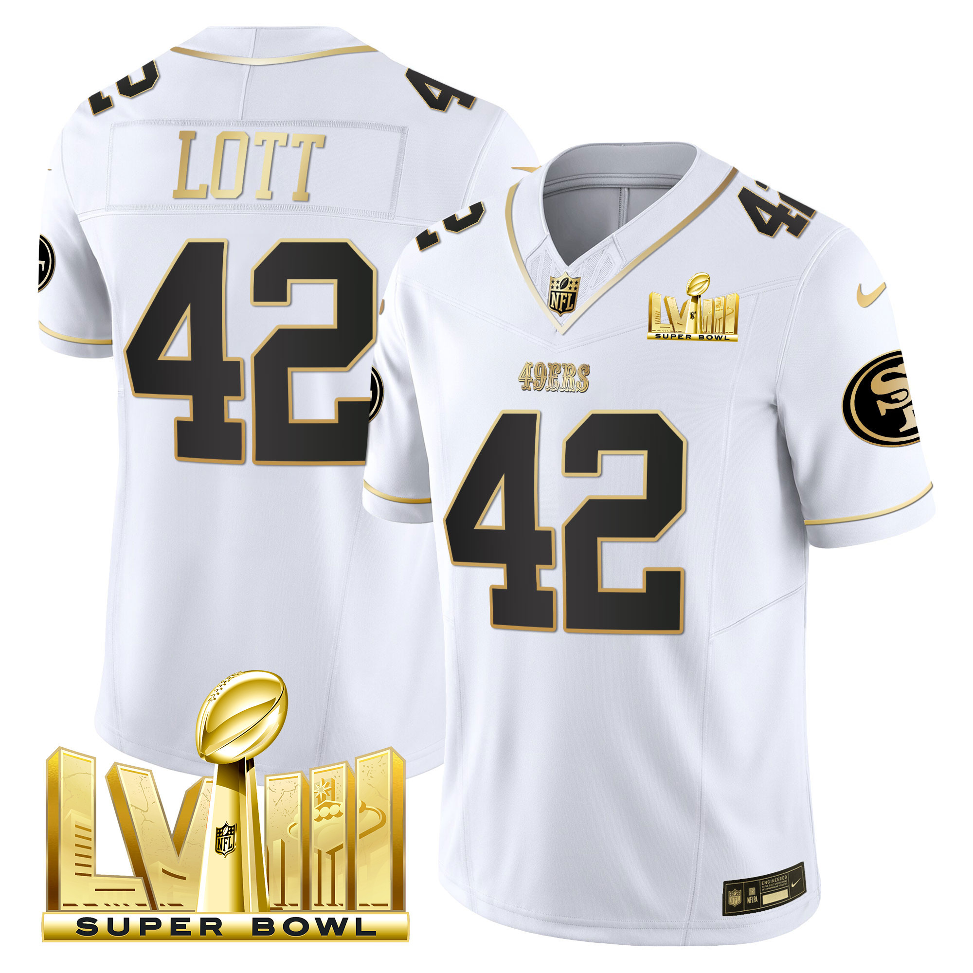Men's Ronnie Lott San Francisco 49ers Super Bowl LVIII Gold Patch Vapor White Gold Jersey V2 - All Stitched