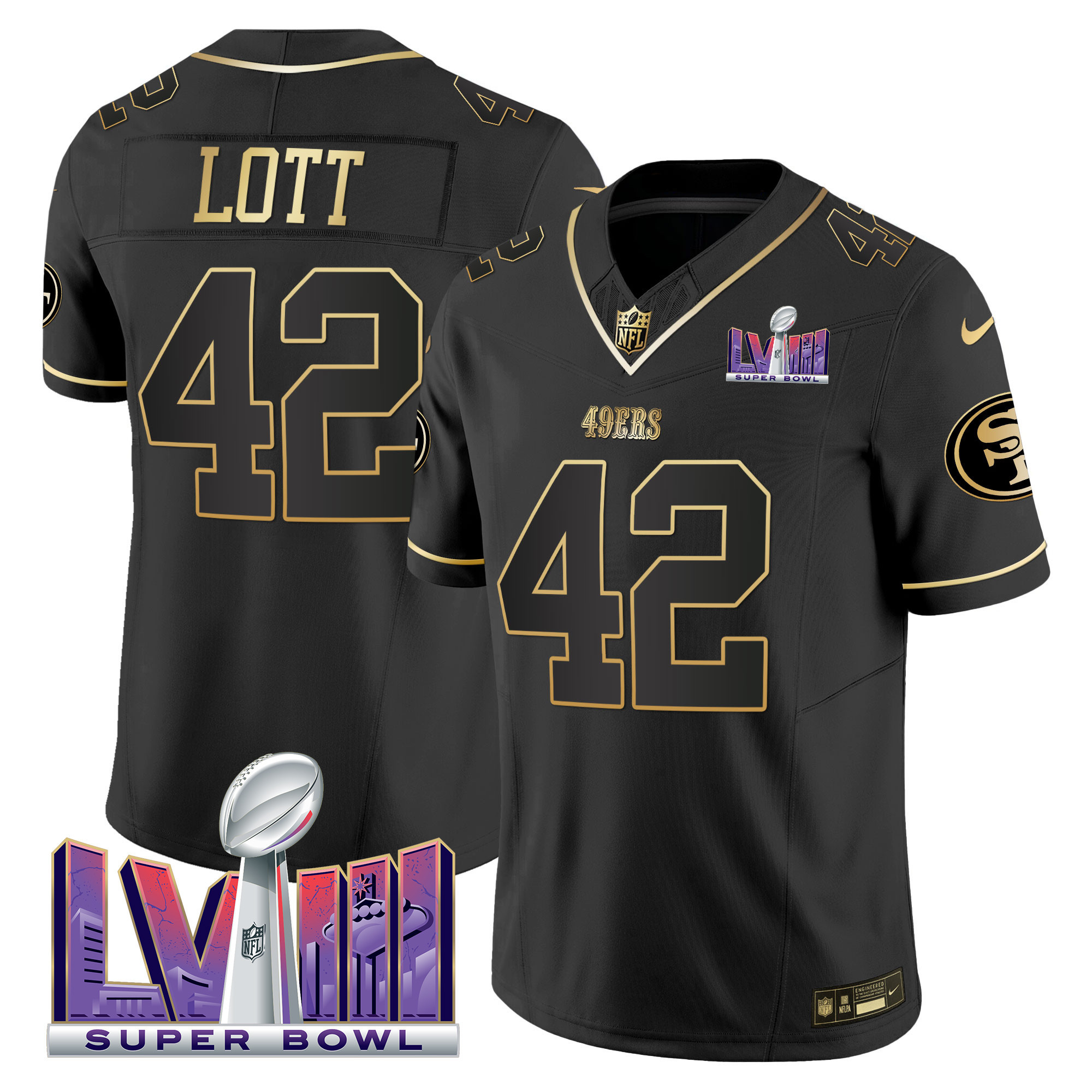 Men's Ronnie Lott San Francisco 49ers Super Bowl LVIII Patch Vapor Black Gold Jersey V2 - All Stitched