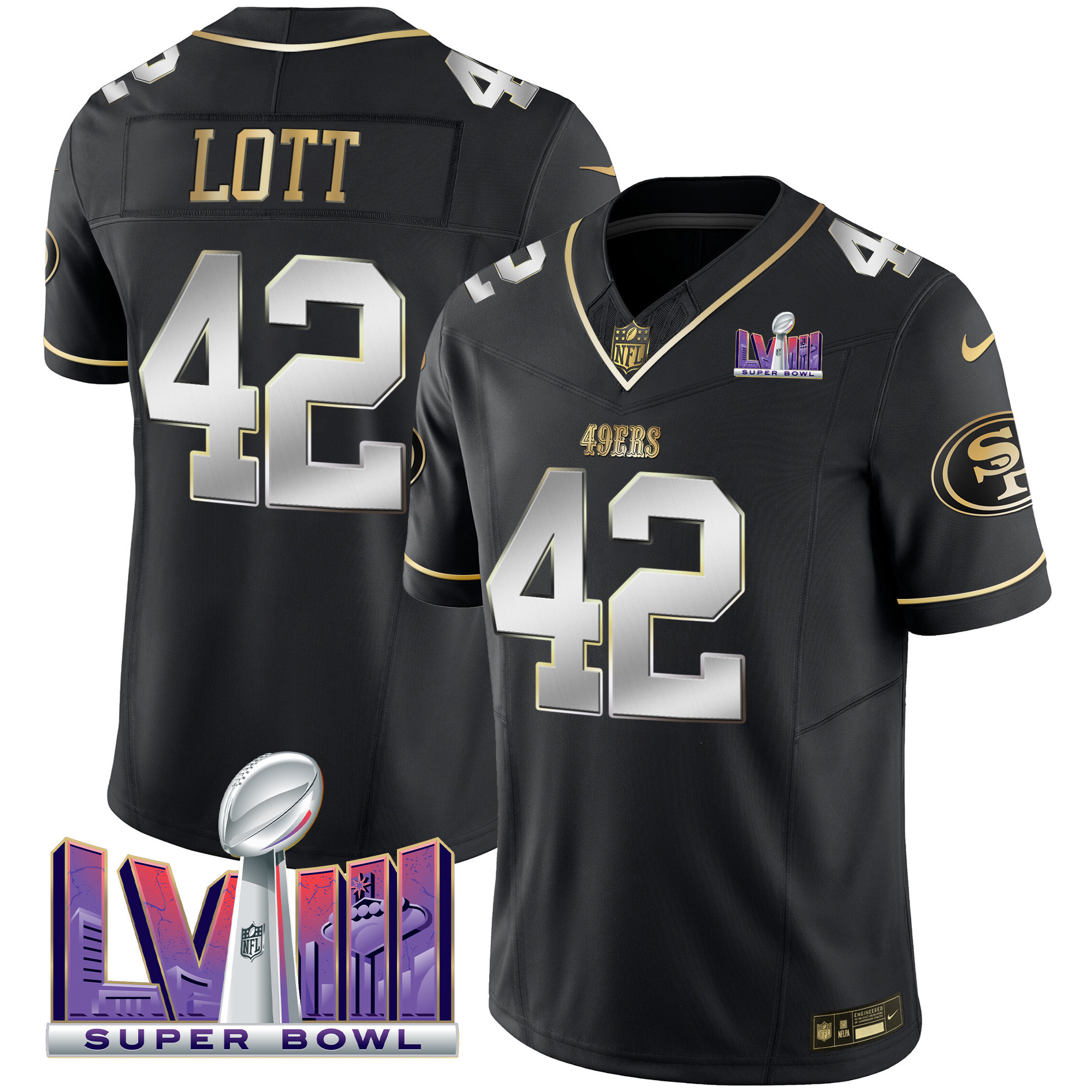 Men's Ronnie Lott San Francisco 49ers Super Bowl LVIII Patch Vapor Black Limited Jersey - All Stitched